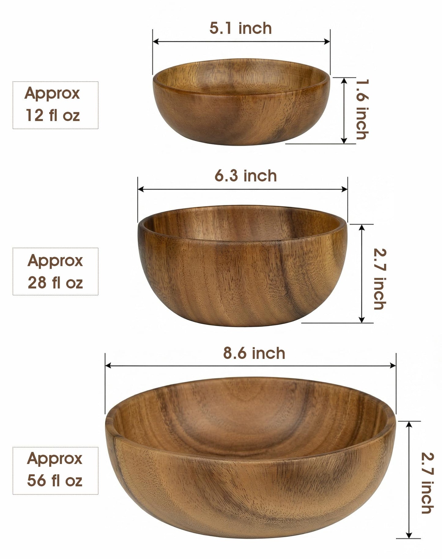 GleeNflux Acacia Wood Salad Bowl Set, 3-Piece Natural Solid Wood Serving Bowls, Handcrafted & Hand-Polished, Wooden Salad Bowls for Kitchen & Dining for Pasta, Yogurt, Fruit, Snacks & Gift Giving