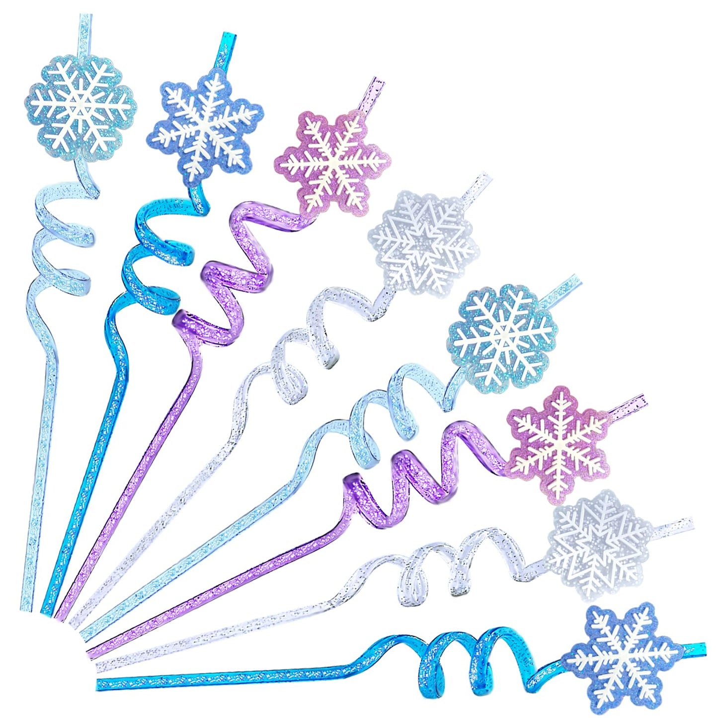 24Pcs Glitter Reusable Frozen Plastic Straws Drinking Straws, 4 Snowflake Shape & 4 Colors, Frozen Party Decoration Birthday Party Supplies