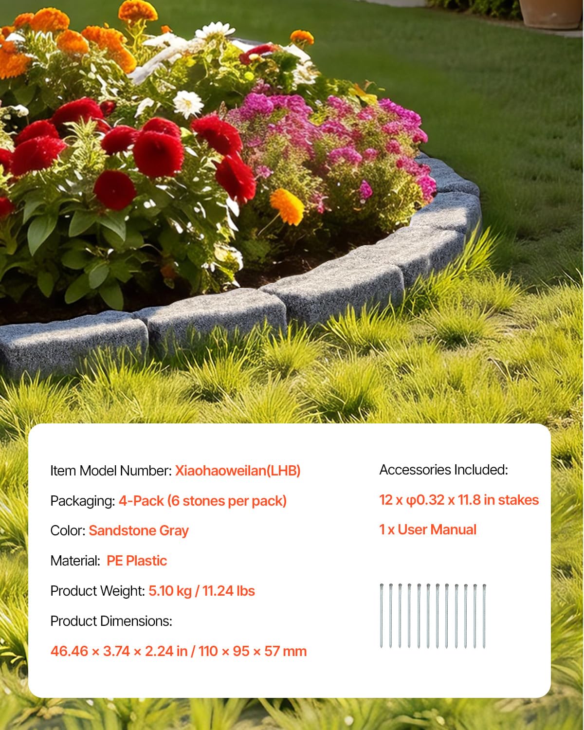 VEVOR Faux Stone Landscape Edging, No Dig Garden Edging Border, Flexible Blocks for Lawn Edging, Flower Beds, Driveway, Yards with 12 Spikes, 4 Pack 24 Bricks 16FT Kit, 46.5" Lx 3.7" W x 2.2" H, Grey