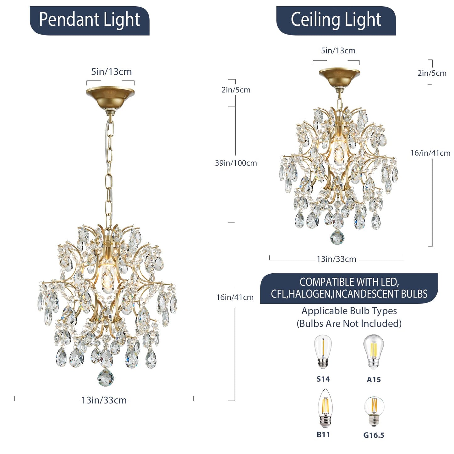 Bestier Gold Modern Pendant Chandelier Crystal Raindrop Lighting Ceiling Light Fixture Lamp for Dining Room Bathroom Bedroom Livingroom entryway 1 E26 Bulbs Required D13 in x H16 in