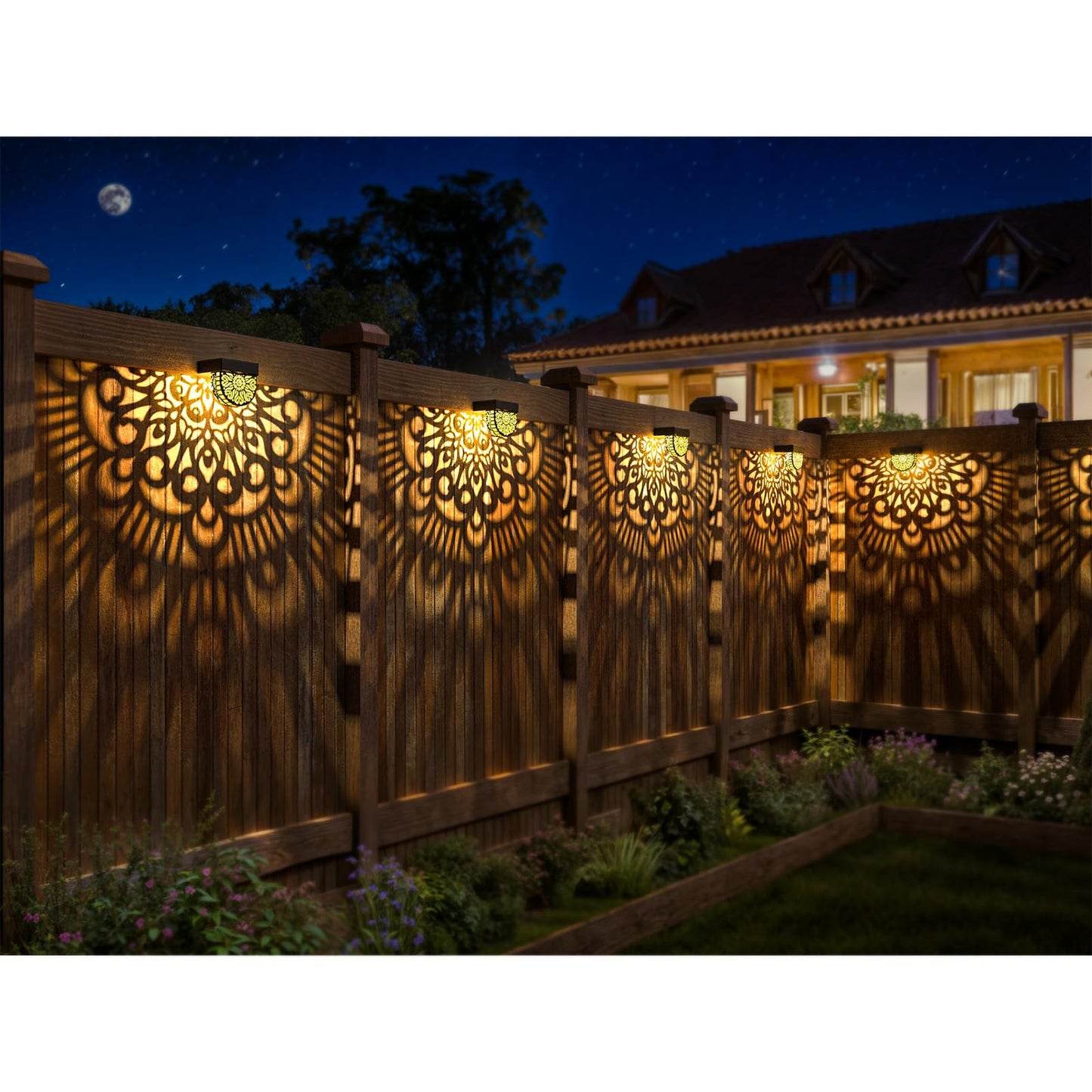EKQ 6 Pack Solar Fence Lights Outdoor Wall Lights Black Plastic Solar Powered Deck Step Stair Lights Mandala Theme Waterproof Fence Solar Light for Garden Post Patio Backyard Yard Decor