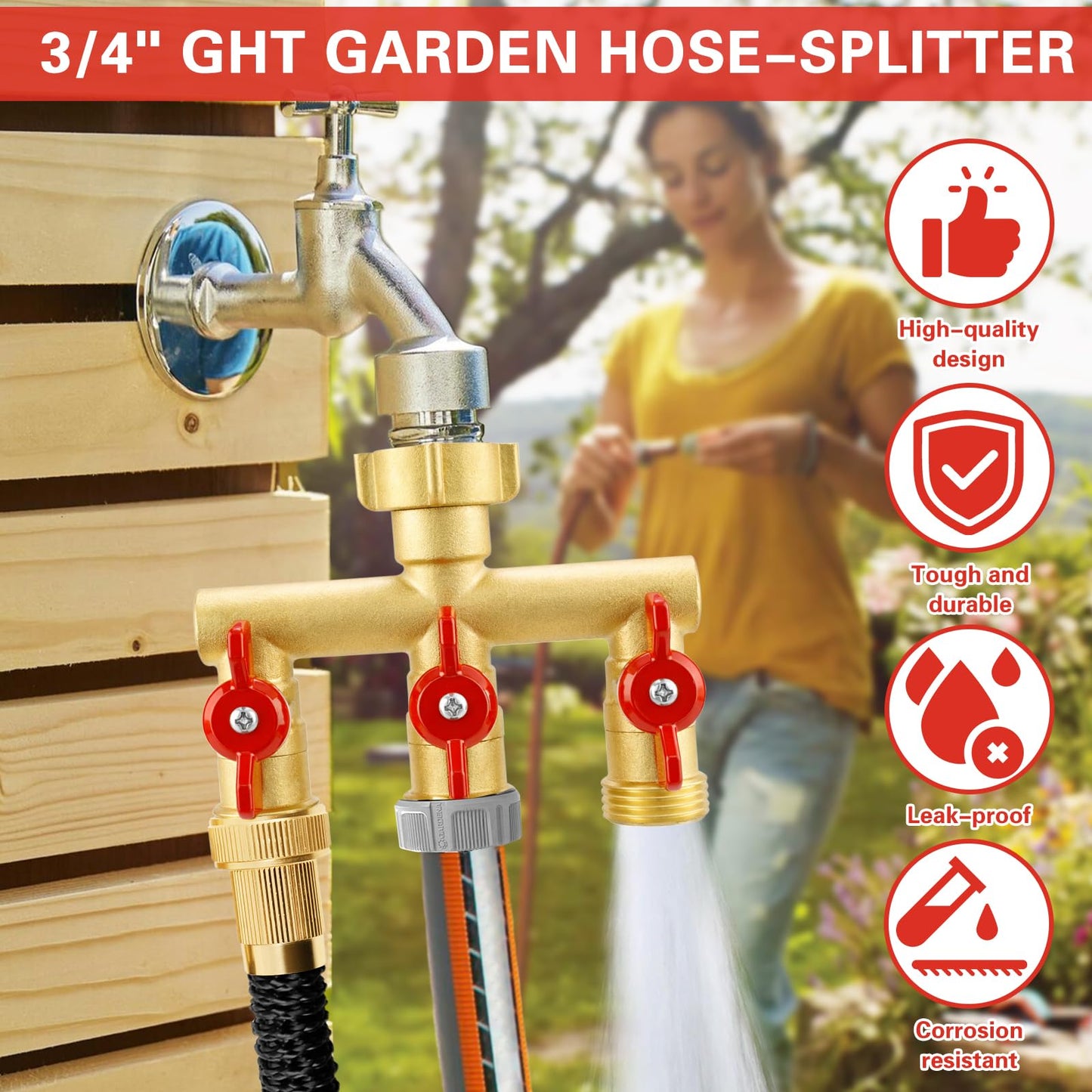 Cekwiet 3 Way Garden Hose Splitter Heavy Duty Brass, Full Flow Outdoor Faucet Hose Splitter with 3 Shut Off Valves, 3/4" GHT Metal Hose Connector for Garden, Lawn Irrigation, Yard Watering Etc