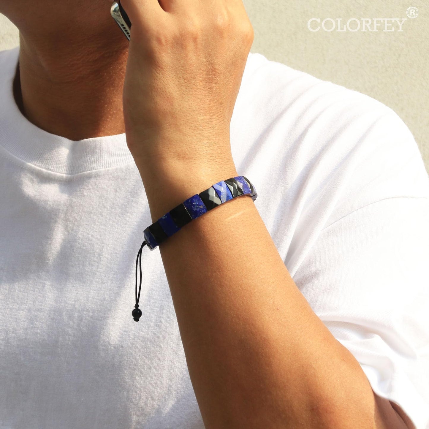 COLORFEY Natural Crytals Mens Beads Bracelet Mens Bracelets Beaded Lapis Lazuli Black Obsidian Trendy Handmade Bracelet, Unique Double Protection Energy Beads Healing Crystals Bracelets for Men