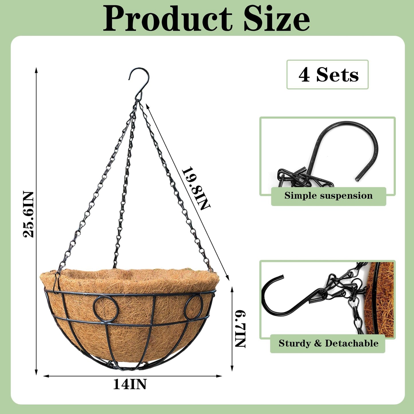ZVOWOS 4 Pack 14 Inch Black Metal Hanging Planter Baskets with Coco Coir Liner Sturdy Hanging Flower Basket for Outdoor Indoor Garden Porch Patio Balcony Decor (Round)