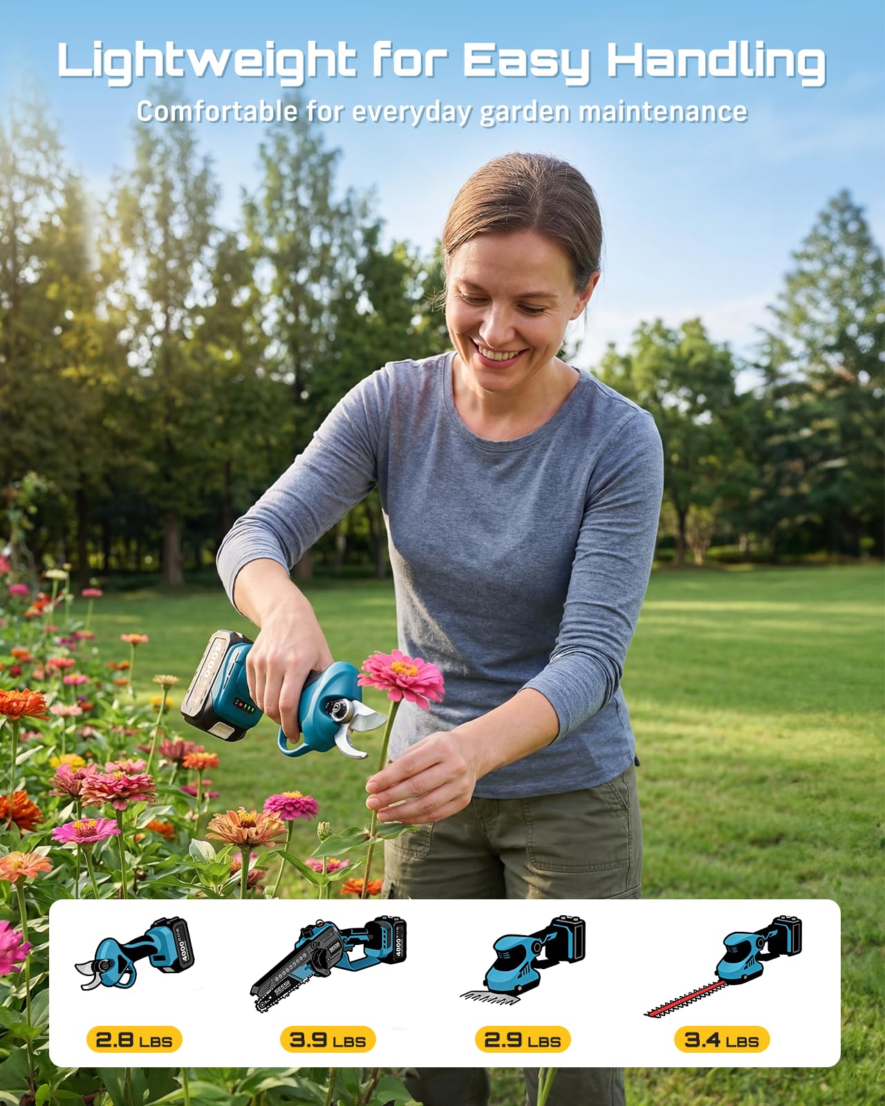 SEESII Electric Chainsaw Trimmer Pruner: 3-in-1 Cordless Chainsaw, Hedge Trimmer, Pruning Shears with 2× Rechargeable 4000mAh Batteries, Garden Tool Kit for Tree Trimming and Branch Cutting
