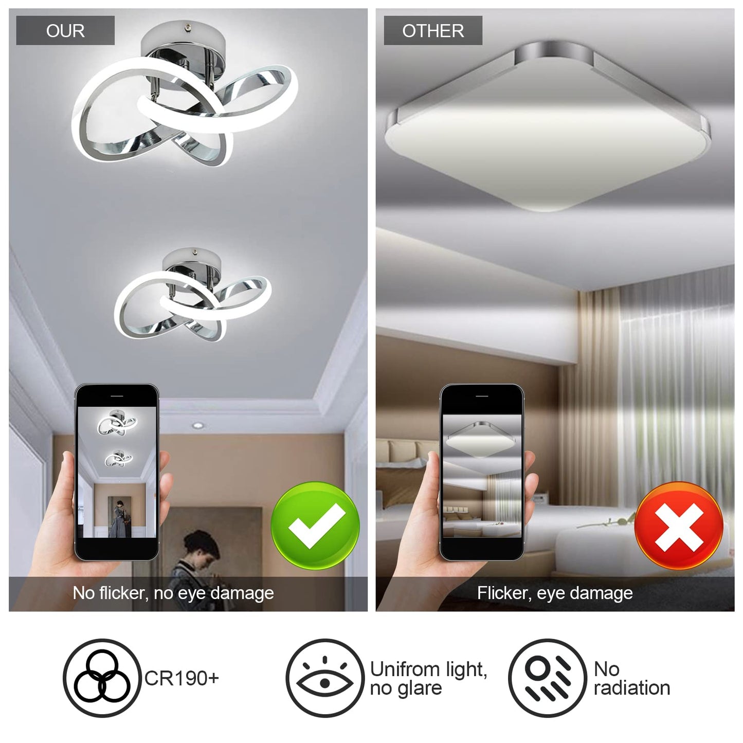 CANEOE Hallway Light Acrylic Modern LED Ceiling Light Fixtures Cool White 6000K Close to Ceiling Lights for Bedroom Bathroom Kitchen Balcony Corridor Stair Aisle Curved Creative Design Celing lamp