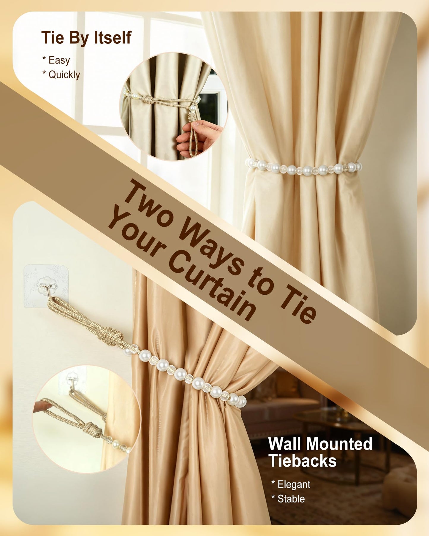 HOUOGROEM 1 Pack Curtain Tiebacks - Pearl Bead Curtain Holdbacks Wall Mounted with Hooks Tie Backs for Bedroom Decor Home Outdoor Office Beige