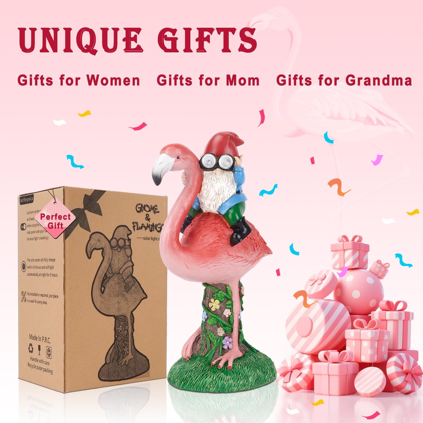ArtTerpnica Solar Flamingo Gnome Garden Decor Statue, Outdoor Funny Solar Light Decoration for Yard, Patio, Lawn, Unique Housewarming, Birthday Gift for Women, Mom, Grandma