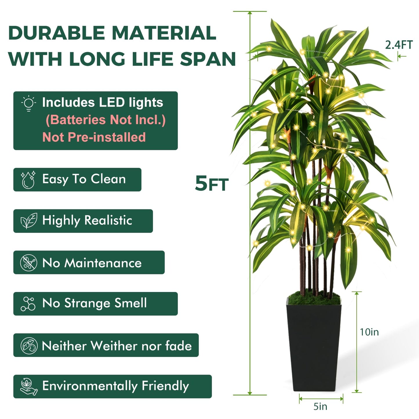 Artificial Dracaena Tree 5FT, Fake Plants with Black Tall Planter - Fake Tree Tall Faux Plants Indoor Floor Plant with Moss - Artificial Plants Indoor for Office Living Room Home Decor