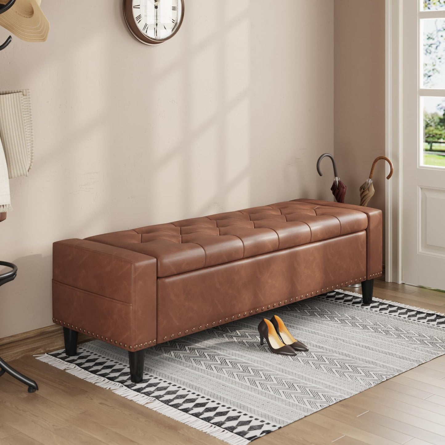 60" Storage Ottoman Bench, Faux Leather Bed Bench with Tufted Buttons and Nailhead Trim, Large Upholstered Ottoman with Storage for King Size End of Bed, Bedroom, Living Room, Entryway, Hallway, Brown