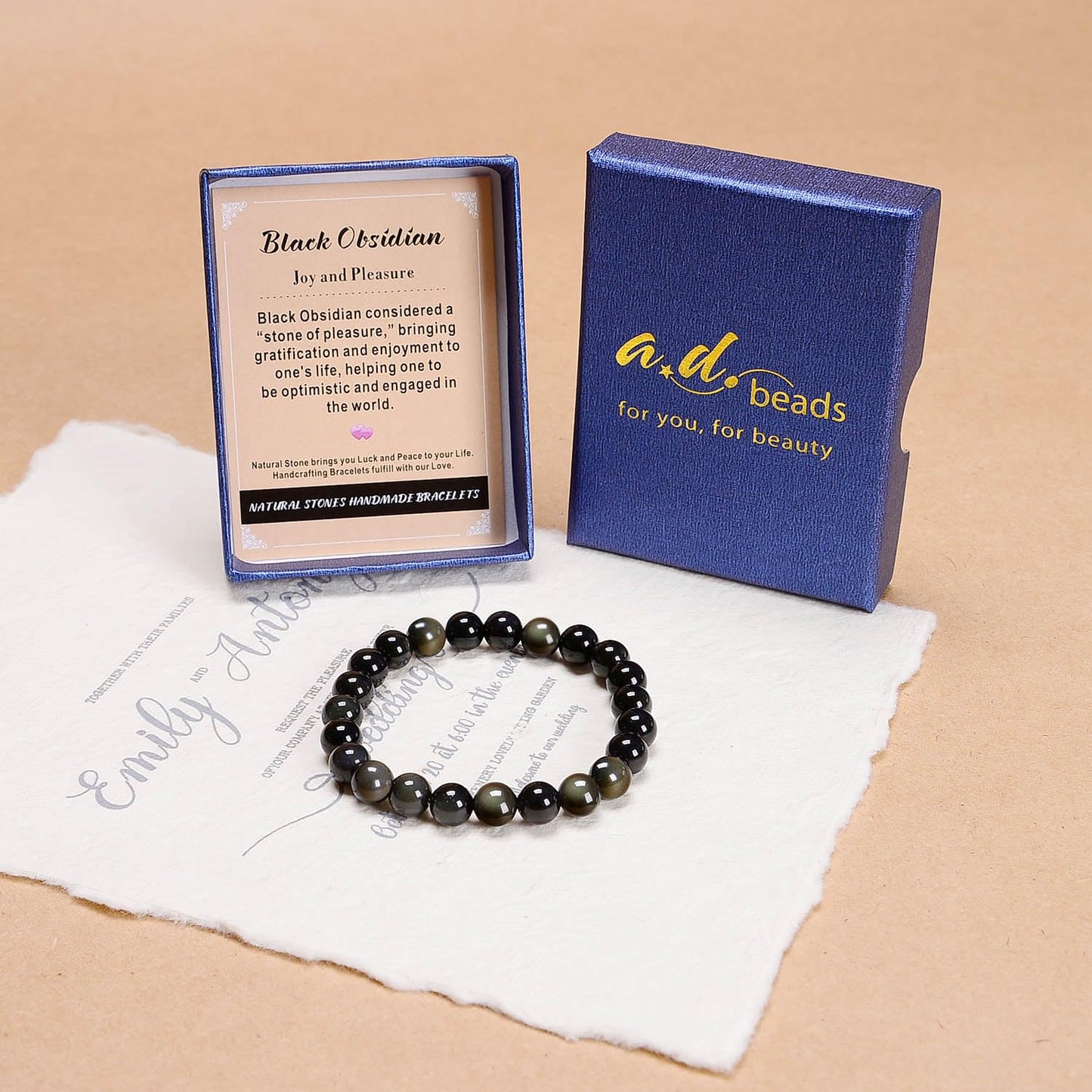 AD Beads Handmade Gemstone Stretch Elastic Bracelet Crystal Healing Reiki Nature's Beauty and Spiritual Essence Unisex (8mm, Black Obsidian (Pleasure))