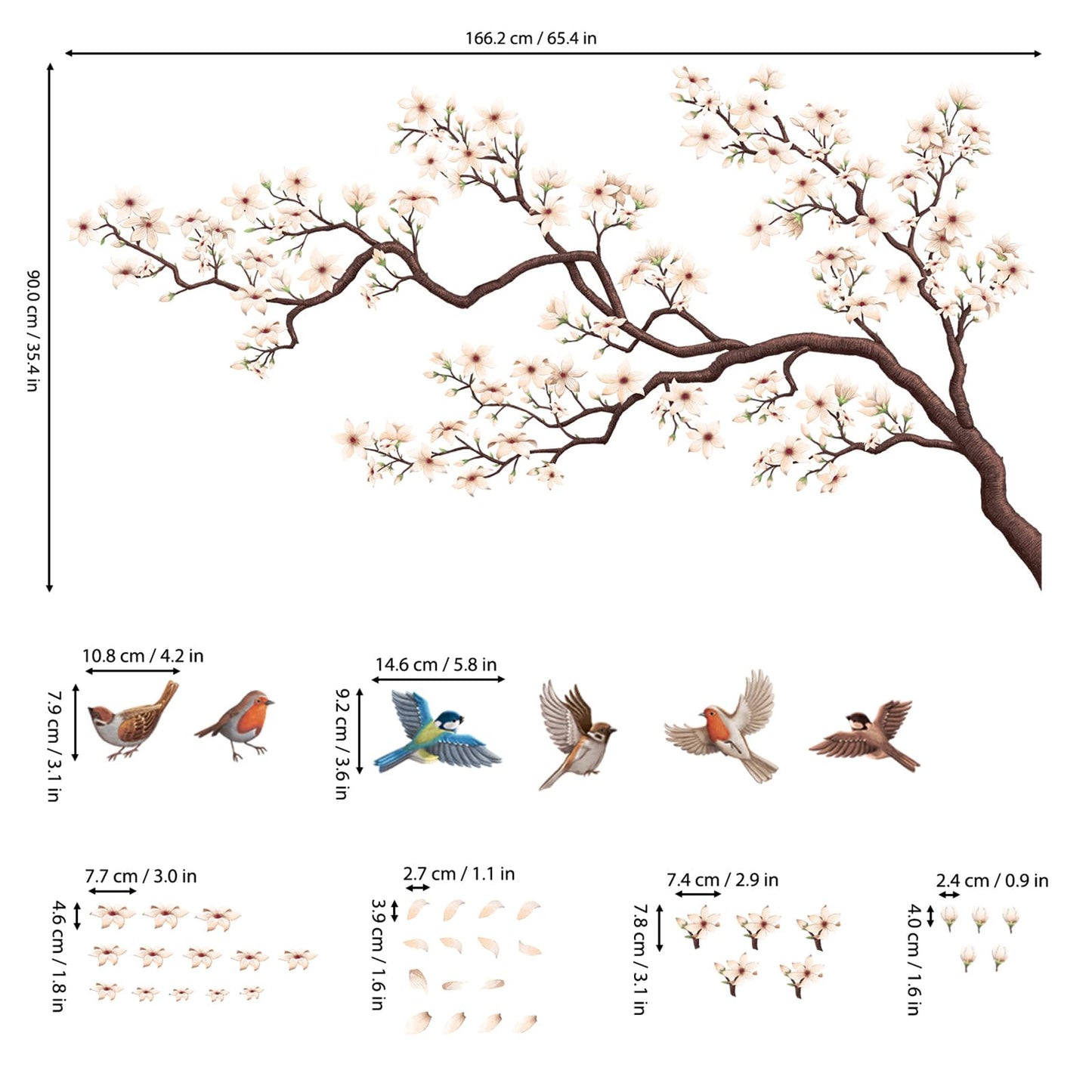 DECOWALL SG4-2317 Oriental Flower Tree Wall Stickers declas Kids Bedroom Cherry Blossom Birds Branch décor Decoration Floral Home Living Removable Nursery Mural DIY Room