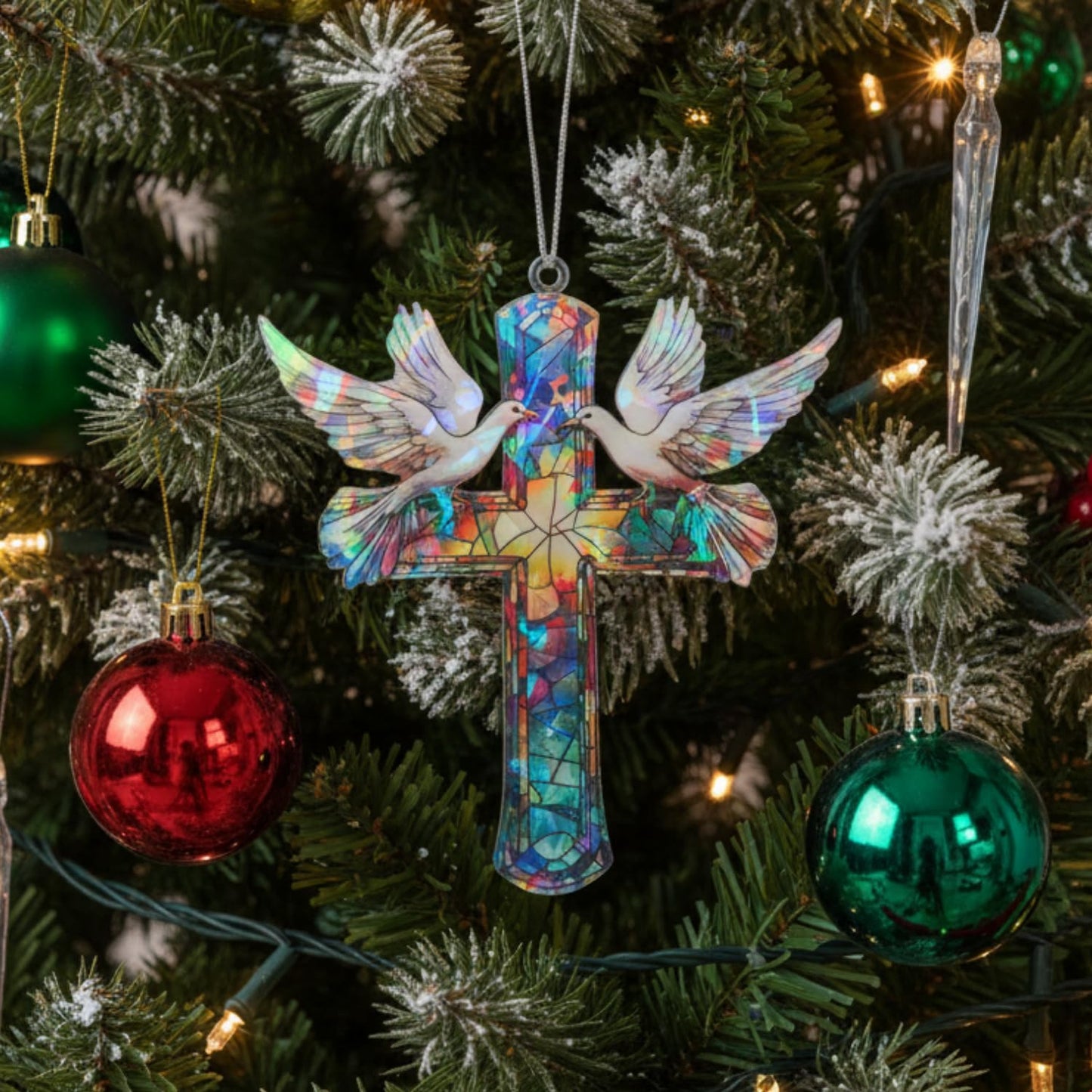 Christian Gifts for Women - Memorial Gifts - Cross Decor – Hologram Acrylic Suncatcher Hanging Decoration – Shimmering Cross with Doves for Window, Christmas Tree, Religious Gifts, Gifts for Mom Girl