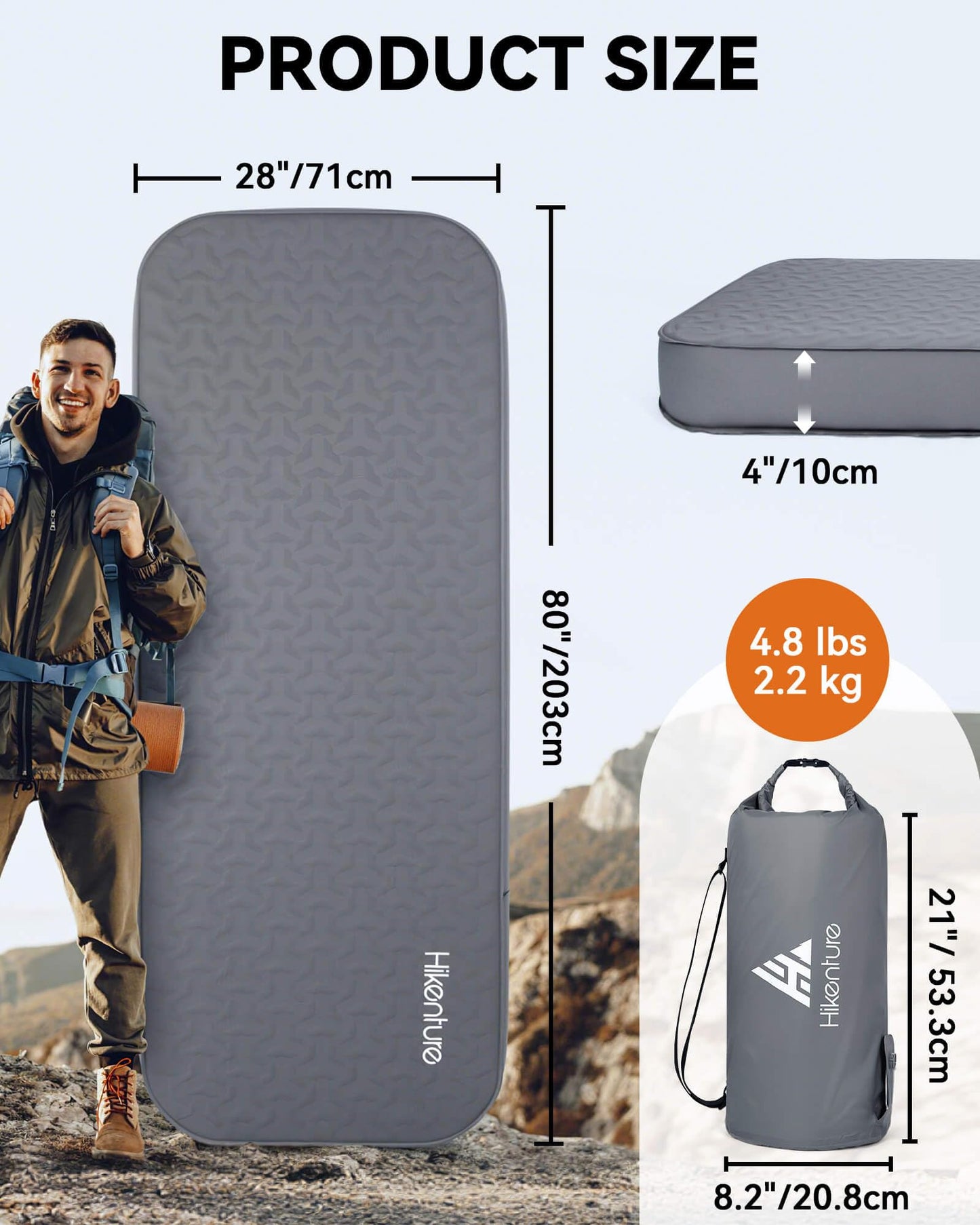 Hikenture 4" Thick Self Inflating Sleeping Pad with Electric Pump, Foam & Air Camping Mattress, 9.5 R-Value Insulated Sleeping Mat, Portable All Season Camping Pad for Tent, Car, Cot