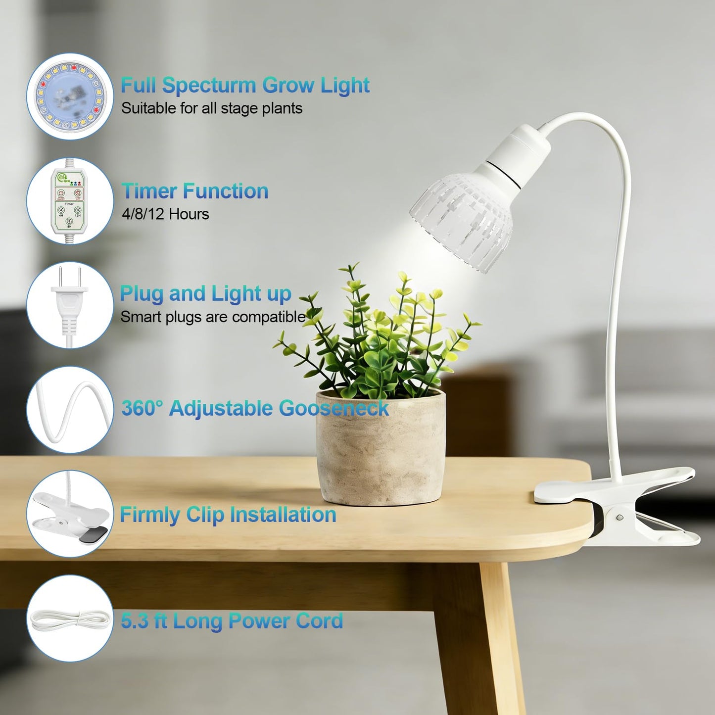 LED Grow Light, 5000K White Full Spectrum Clip-on Gooseneck Plant Lamp for Indoor Desk Plants Growing with 4/8/12H Timer, Bulb Replacement & Smart Plug Compatible(12W Equivalent 80W)