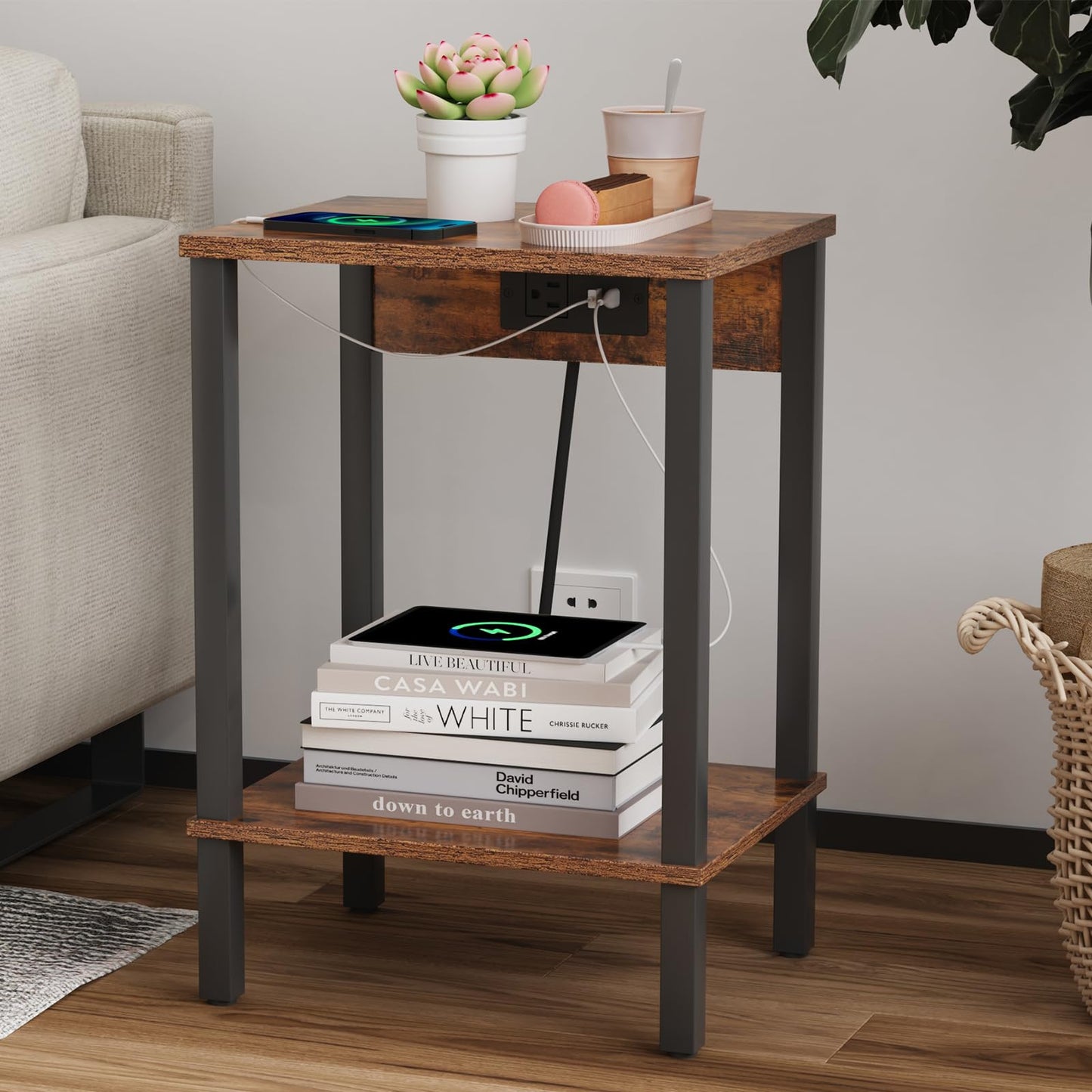 VIMBER Side Table with Charging Station, Set of 2 End Tables with USB Port and Outlets, Nightstands with 2-Tier Storage Shelves, Sofa Table for Small Space, Living Room, Bedroom, Rustic Brown 102F2