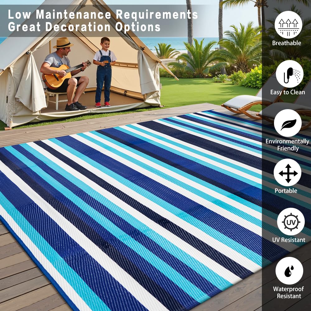 HUGEAR Outdoor Waterproof Rug 9'x12' Plastic Straw Rugs Washable Reversible Floor Mat Blue Stripe Carpet for Camping RV Deck Entryance Porch Picnic Balcony Beach Backyard