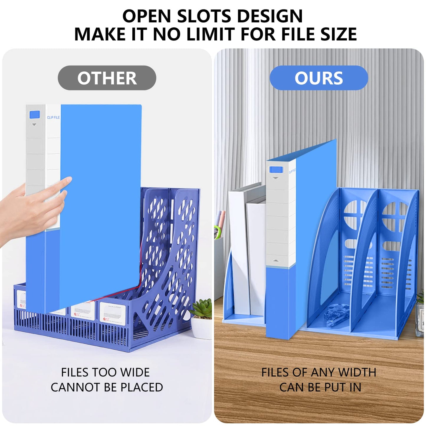 Marte Vanci Magazine File Holder Vertical PP Folder Book Desktop Organizer Plastic Storage Sturdy Vertical 4 Section Folder (Blue)