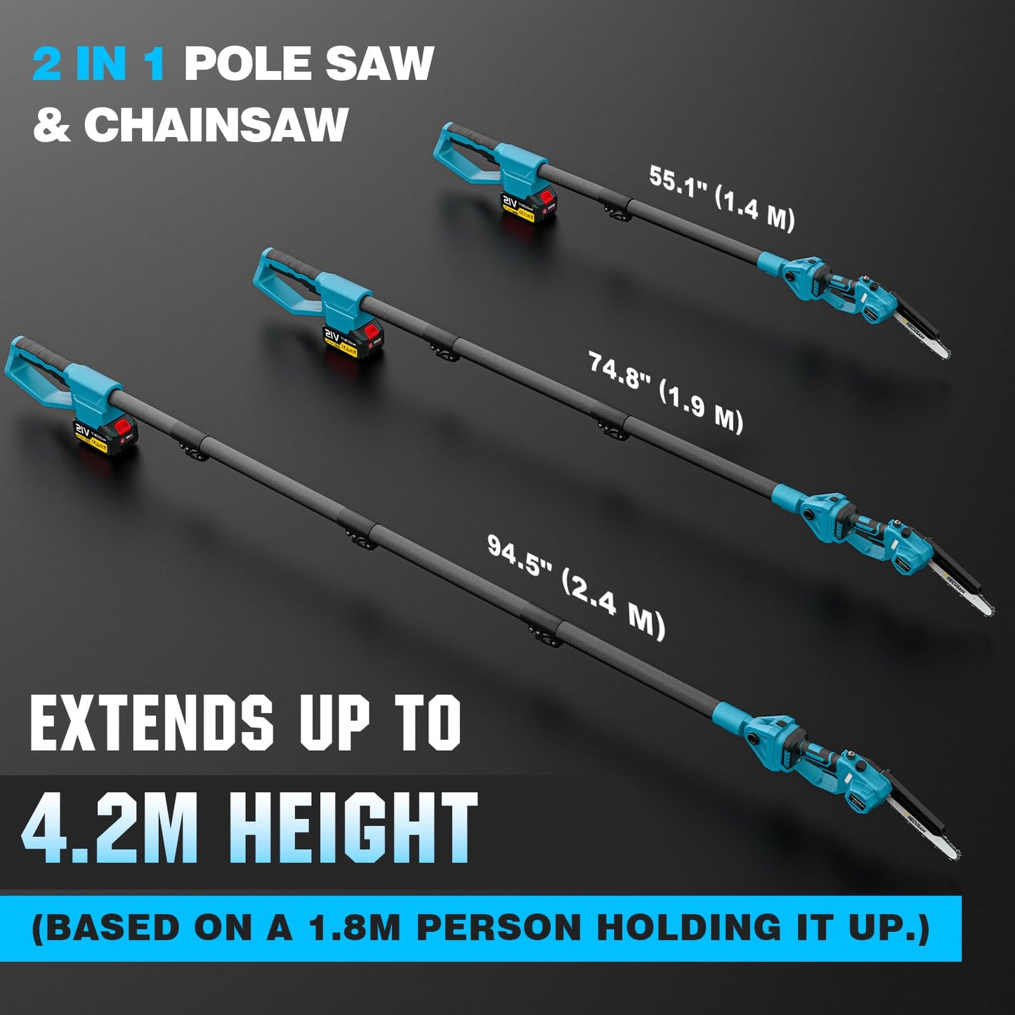 2-in-1 Cordless 8 Inch Pole Saw for Tree Trimming, 4.2M Extended Reach Electric Pole Saw with 180° Adjustable Head, Brushless Motor, 2×4.0Ah High-Capacity Batteries & Extra Chain
