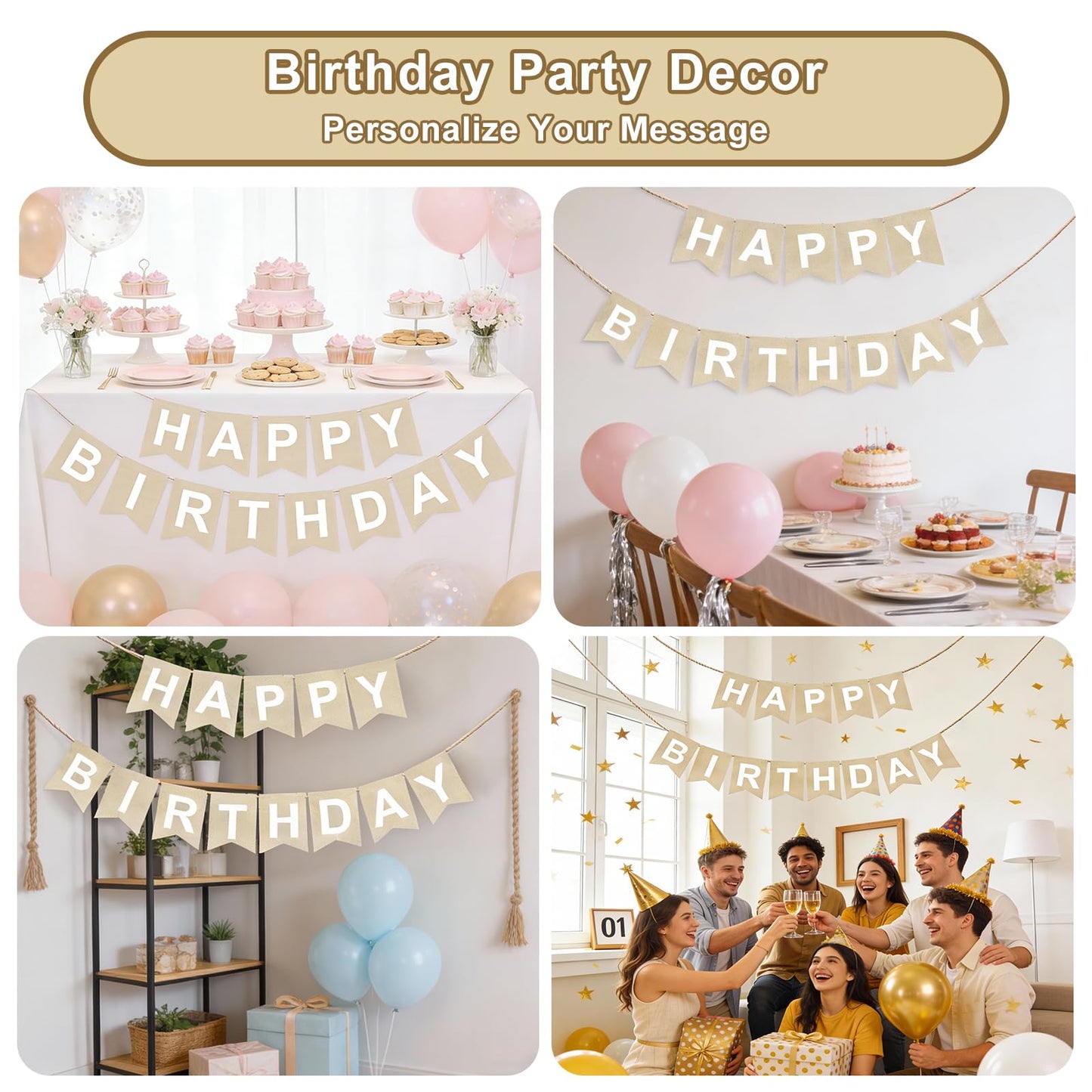 Reusable DIY Custom Banner Kit, 28 Burlap Flags, 87 Cardstock Letters/Numbers, 210 Double-Sided Adhesive Dots, Personalized Party Banner for Birthday, Baby Shower, Wedding, Graduation