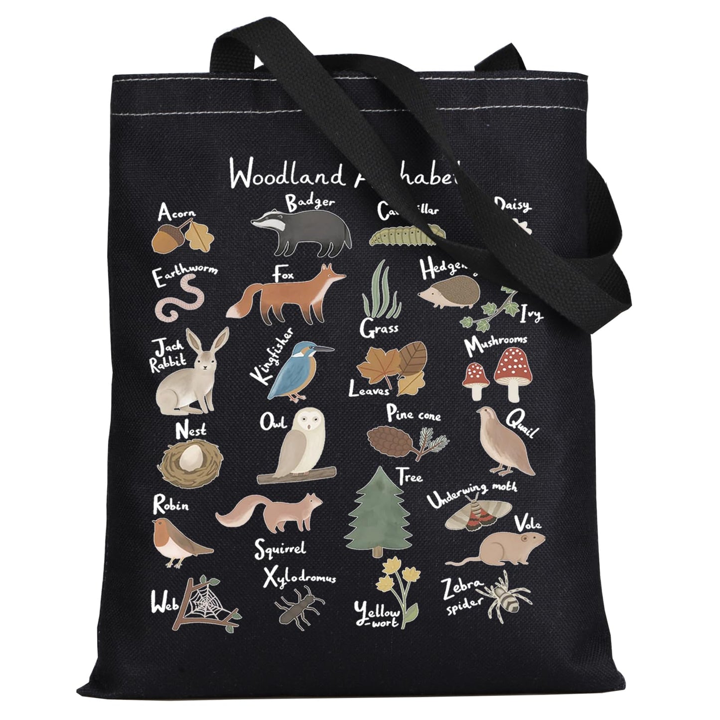 LEVLO Animal Alphabet Canvas Tote Bag - Woodland Themed Gift A-Z Grocery Bag (Black Tote)
