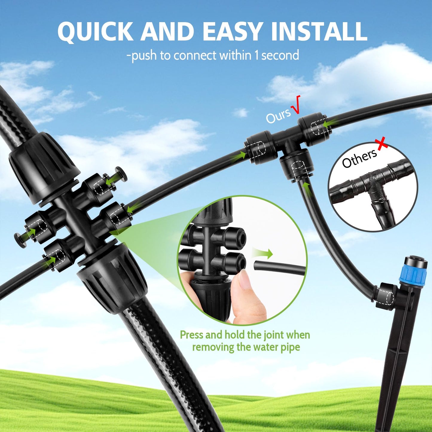 Kafuzi 230FT New Quick-Connect Drip Irrigation System Kit, Automatic Garden Watering Misting System for Greenhouse, Yard, Lawn, Plant with 1/2 inch Hose 1/4 inch Distribution Tubing and Accessories
