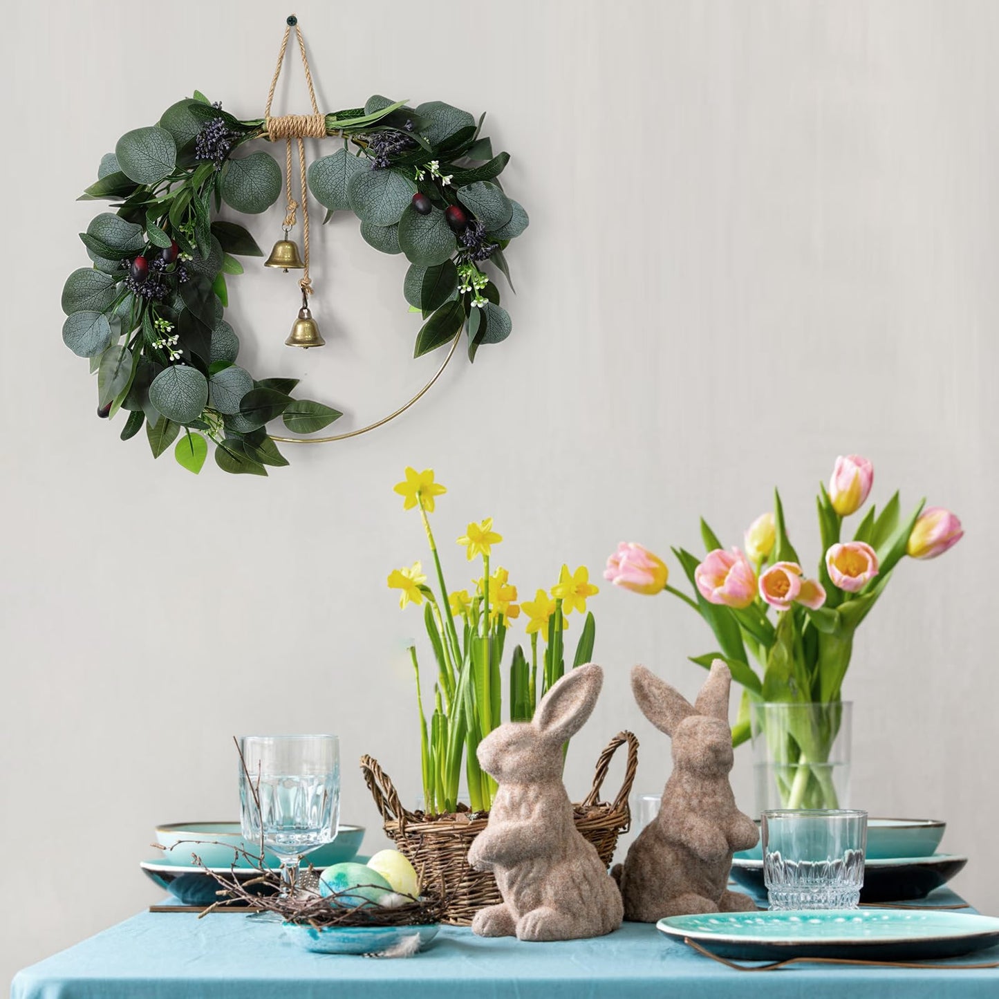 Eucalyptus Wreath for Front Door Artificial Eucalyptus Wreath Olive Fruit and Blueberry with Green Leaf Spring Summer All Season for Farmhouse Front Porch Window Hanging Wall Party Decor