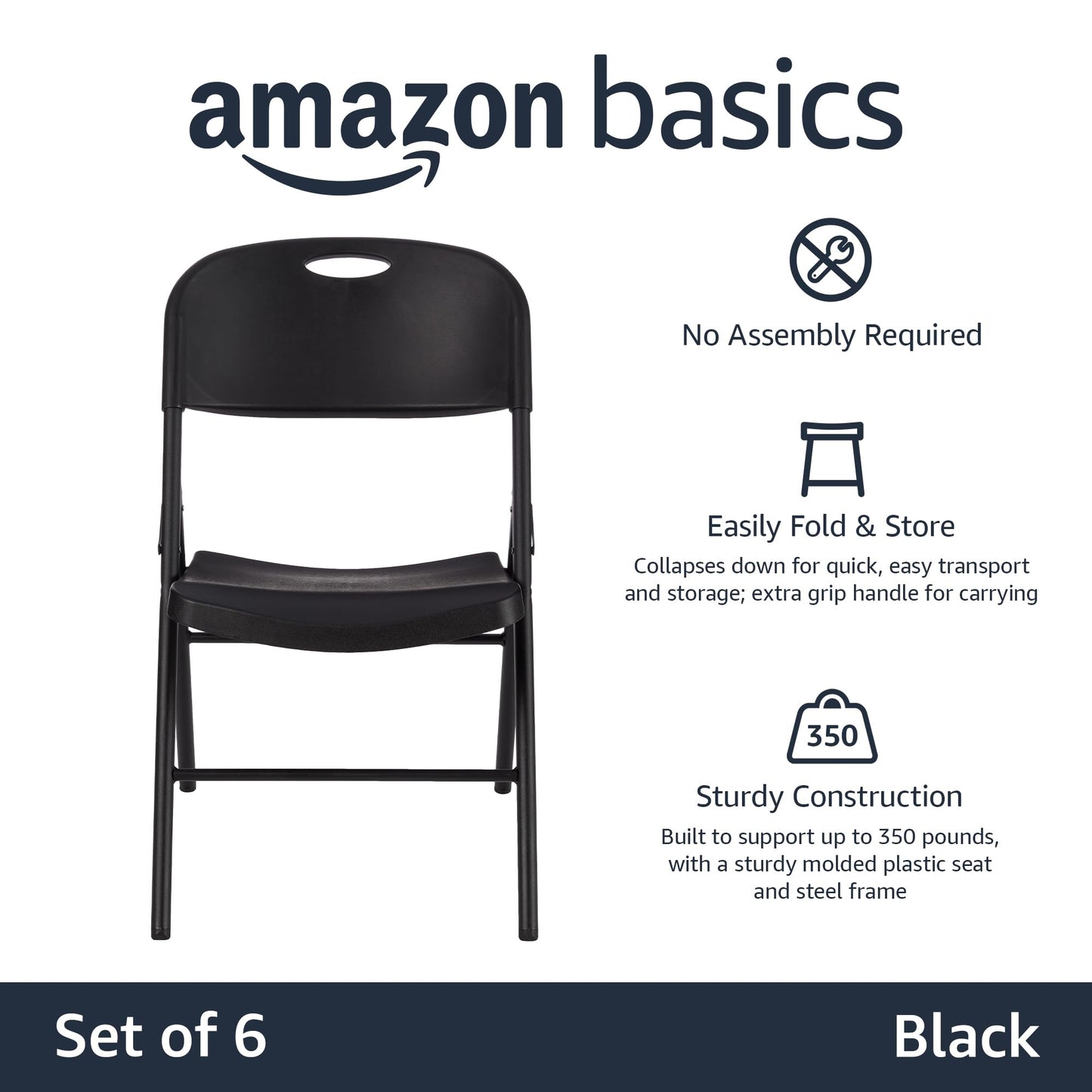 Amazon Basics Sturdy Foldable Plastic Chair, Portable, 350-Pound Capacity, Black, 6-Pack