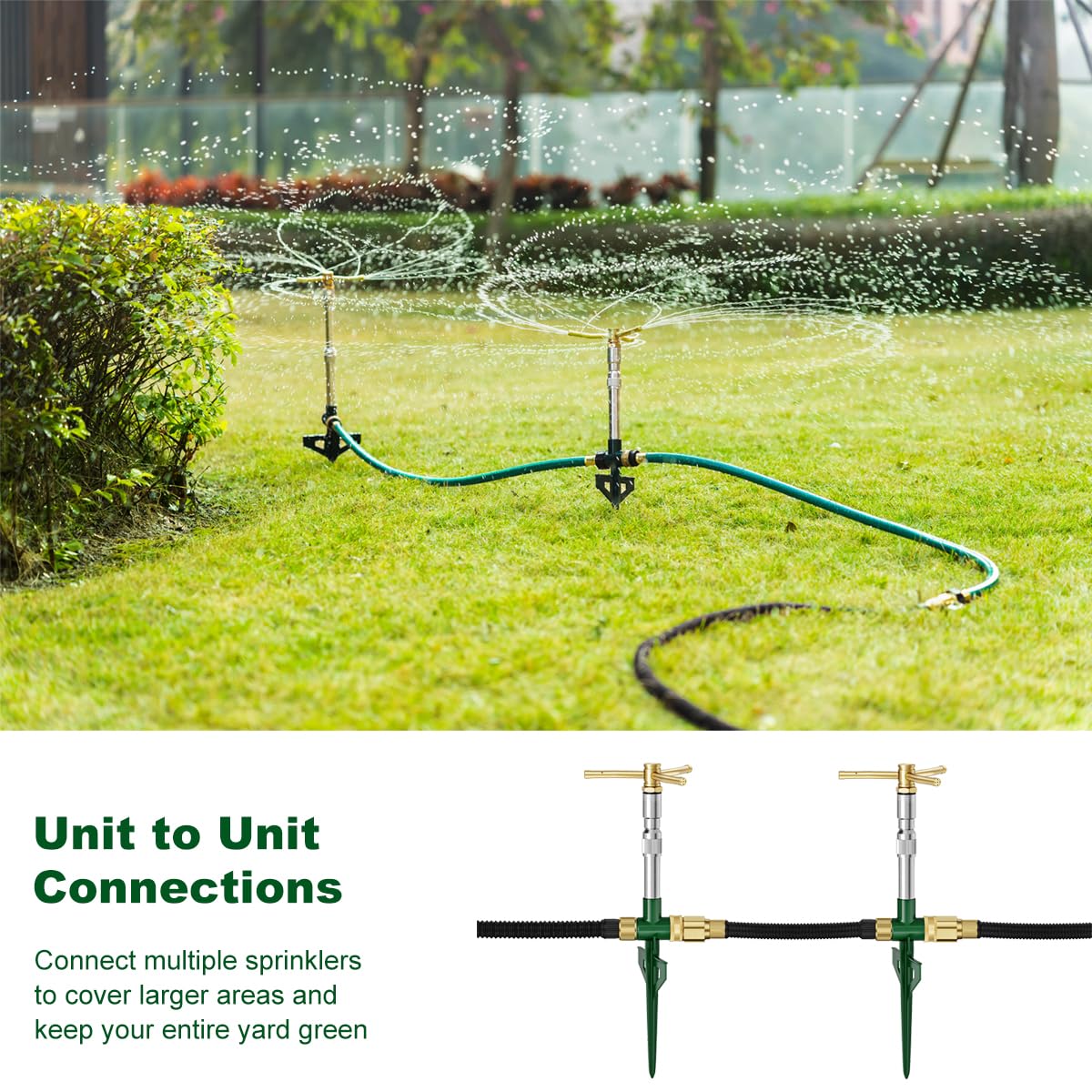 FANHAO 2 Pack Metal Lawn Sprinklers with Adjustable Telescoping Base, 3-Arm Water Sprinkler 360 Degree Rotation High-Rise Sprinkler for Large Area Coverage, Garden Watering Irrigation Sprinkler System