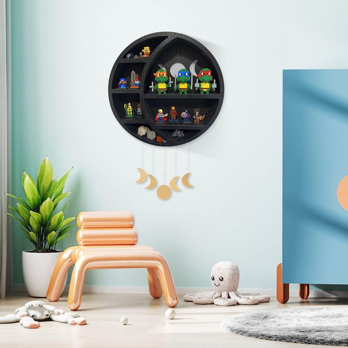 Ella & Emma Wooden Moon Shelf for Crystals - Crescent Moon Crystal Shelf, Storage & Wall Hanging Shelves for Bedroom Aesthetic, Moon Phase Wall Decor & Crystal Display Shelf, Pinewood, Black