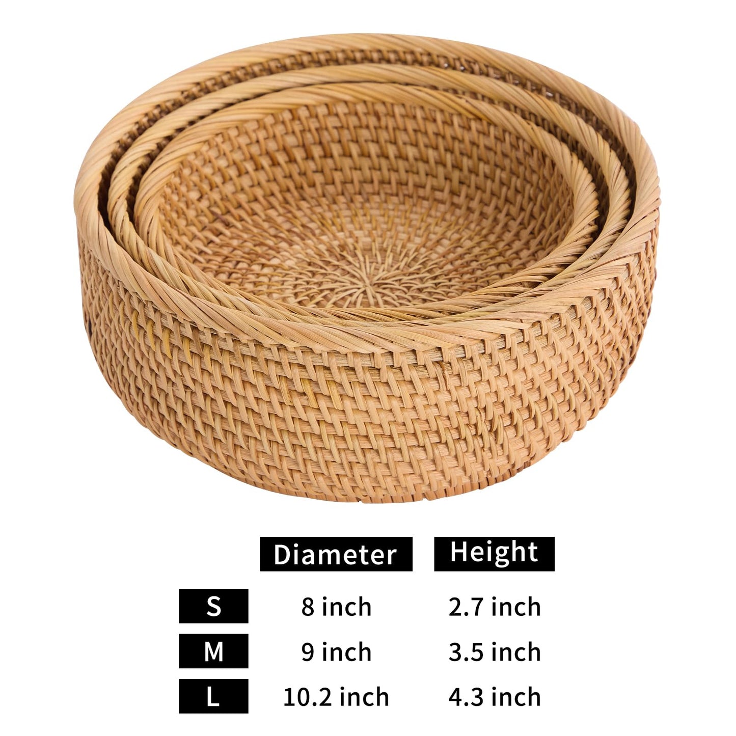 Hand-Woven Stackable Rattan Basket, Set of 3, Fruit Bread Serving Bowls, for Farmhouse Kitchen Storage & Decor
