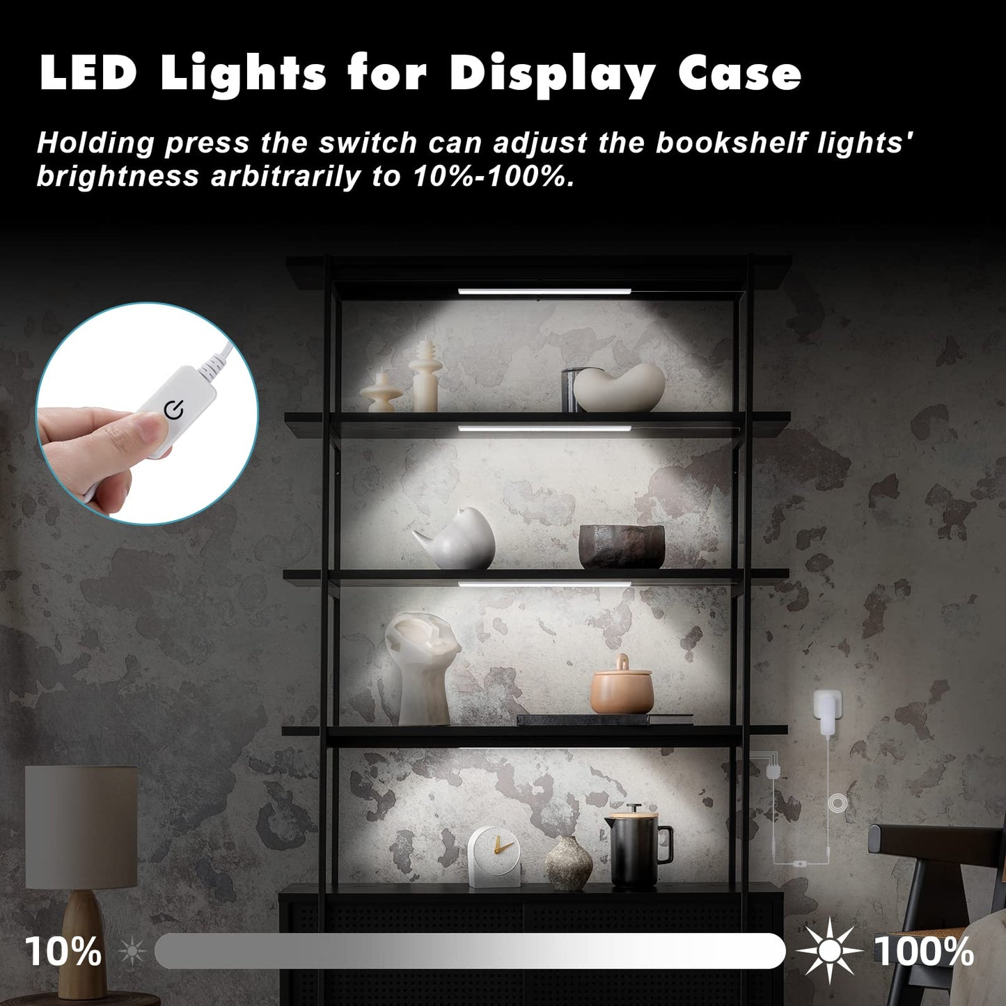 Black Shell Display Cabinet Lights, Under Shelf Lighting with Memory Function, 2 Sets of 4x12 Inch Plug-in Bookshelf Lighting, LED Cabinet Lights for Display Case/Pantry/Closet/Safe, Cold White 6000K