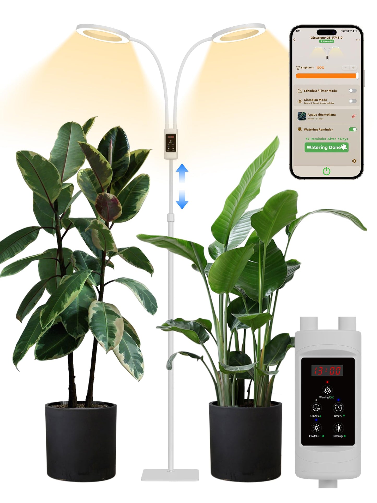GLOWRIUM Smart Grow Lights for Indoor Plants, 48W Full Spectrum Plant Lights with Bluetooth App, Adjustable Height 47-70.9", Auto Timer, Indoor Plant Lamp for Large Tall Plants（White 48W）