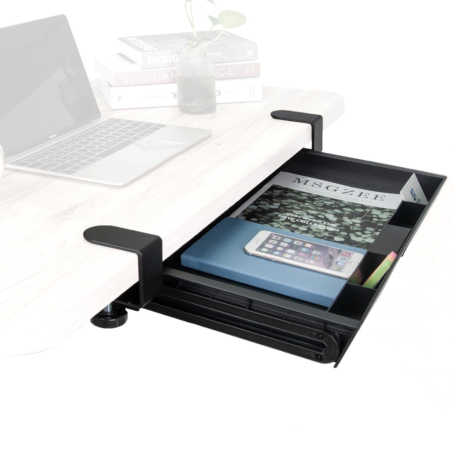 EHO Under Desk Slide-Out Storage Drawer, Large 20" x 11.8" Clamp-On Pull-Out Organizer with Adjustable Height, Space-Saving Tray for Office Supplies and Accessories, TAA-Compliant