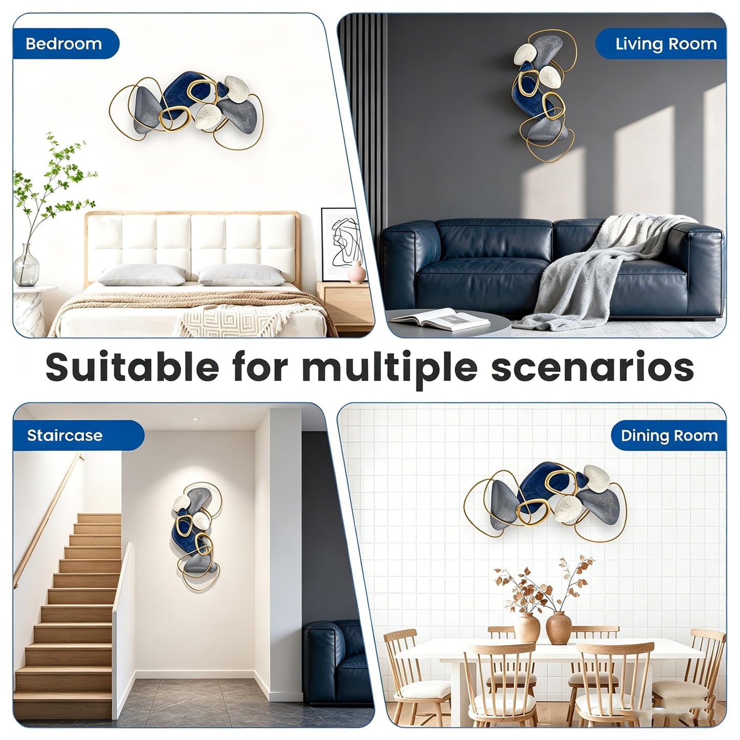 SHERBECK 3D Metal Wall Art Decor Blue Pebble Wall Sculptures Hanging Ornament Modern Abstract for Bedroom Living Room Sofa Background Home Office Kitchen Gold 41.3" L × 19.7" W