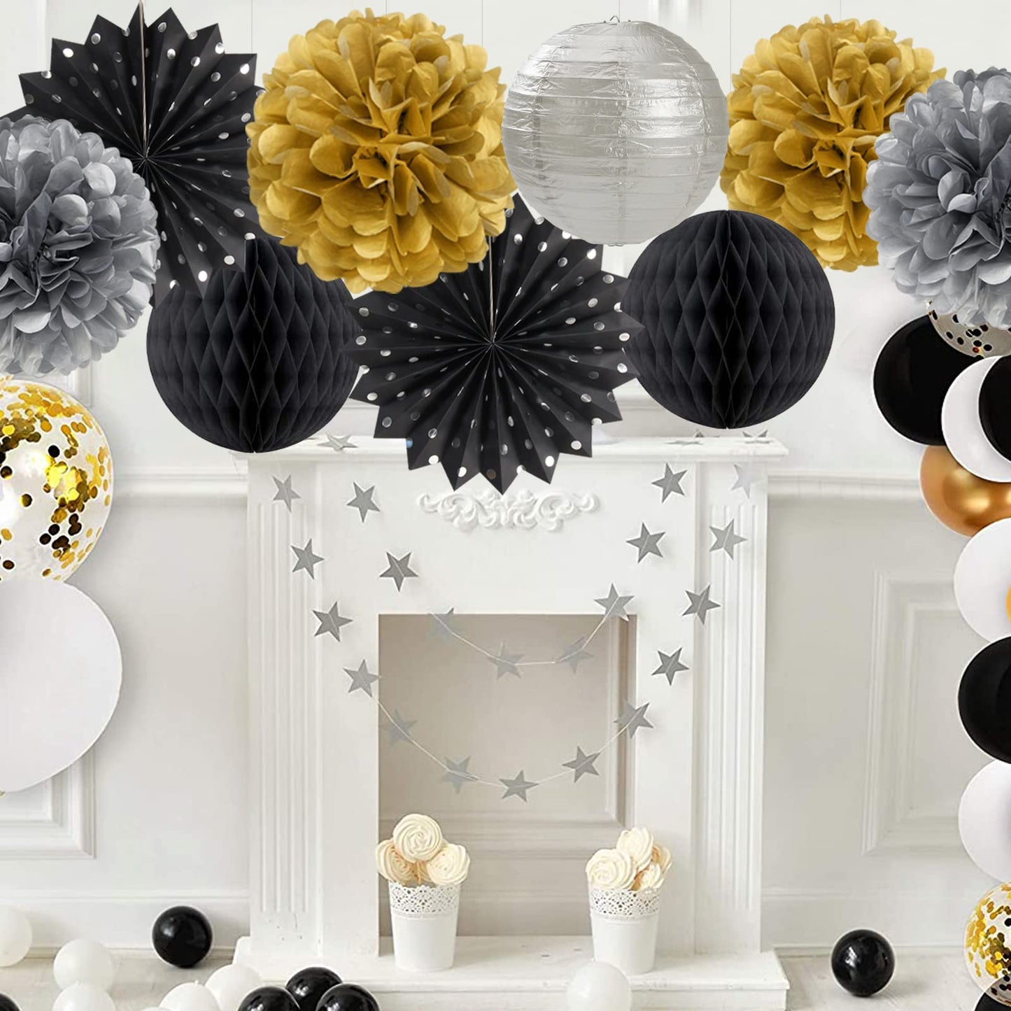 Black Gold Silver Party-Decorations Streamers-Lanterns - 14pcs Graduation 2026 Paper Fan,Tissue Flower Pom Poms Streamers,Honeycomb Balls,Men Birthday Wedding Baby Bridal Shower Decor Ouruola