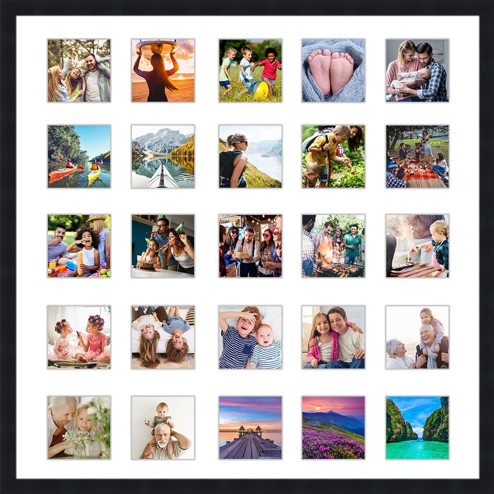 CountryArtHouse Black Collage Frame With Mat - 22x22 Solid Wood Frame For (25) 4" x 4" Photos - Black Matted Instagram 4x4 Collage Photo Frame with Mat with Multi Opening Picture Matte