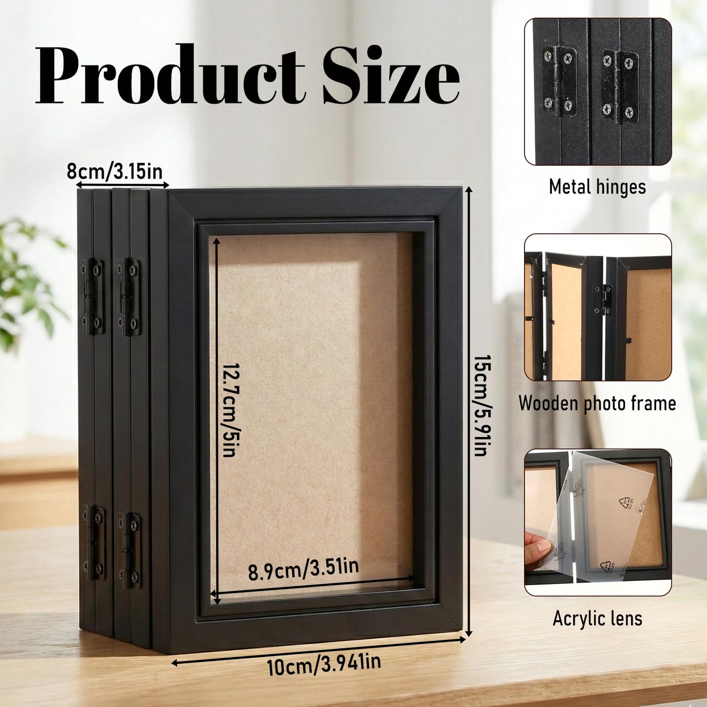 5 Folding Hinged Picture Frame 3.5 x 5 Inches High Definition Natural Wood Collage Mounts Rustic Wood Desk Family Photo Collage Stand Vertical on Tabletop Foldable Photo Frame for Family Birthday