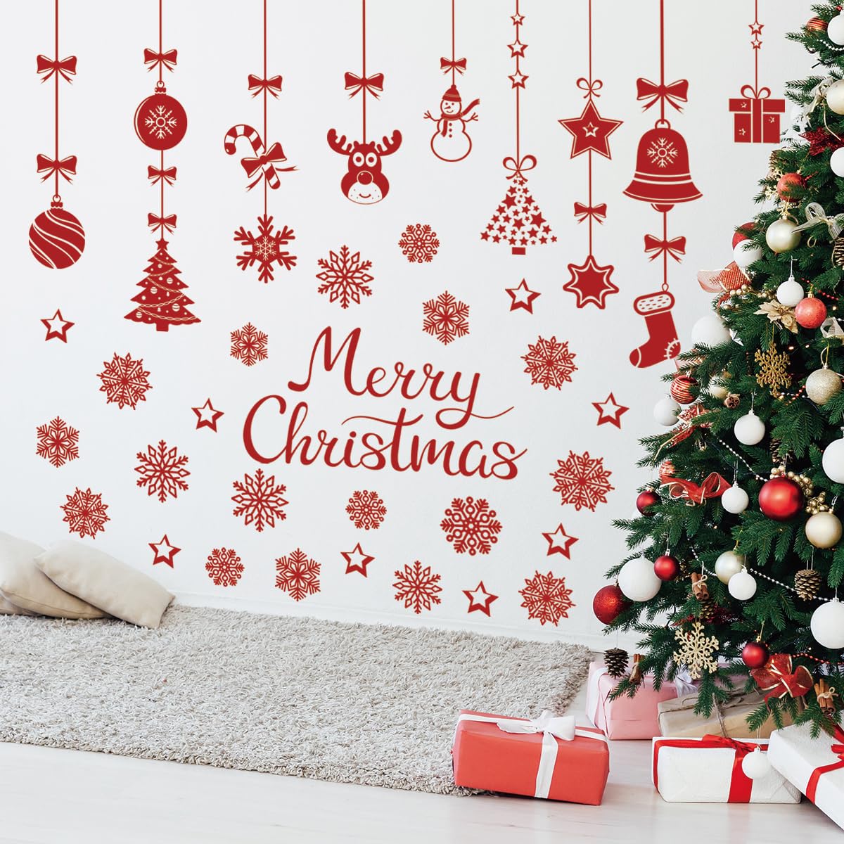 48.42 x 43.31 Inch Merry Christmas Wall Decal Christmas Light Ball Snowflake Deer Wall Sticker Decor for Xmas Holiday Party Supplies Home Wall Decor