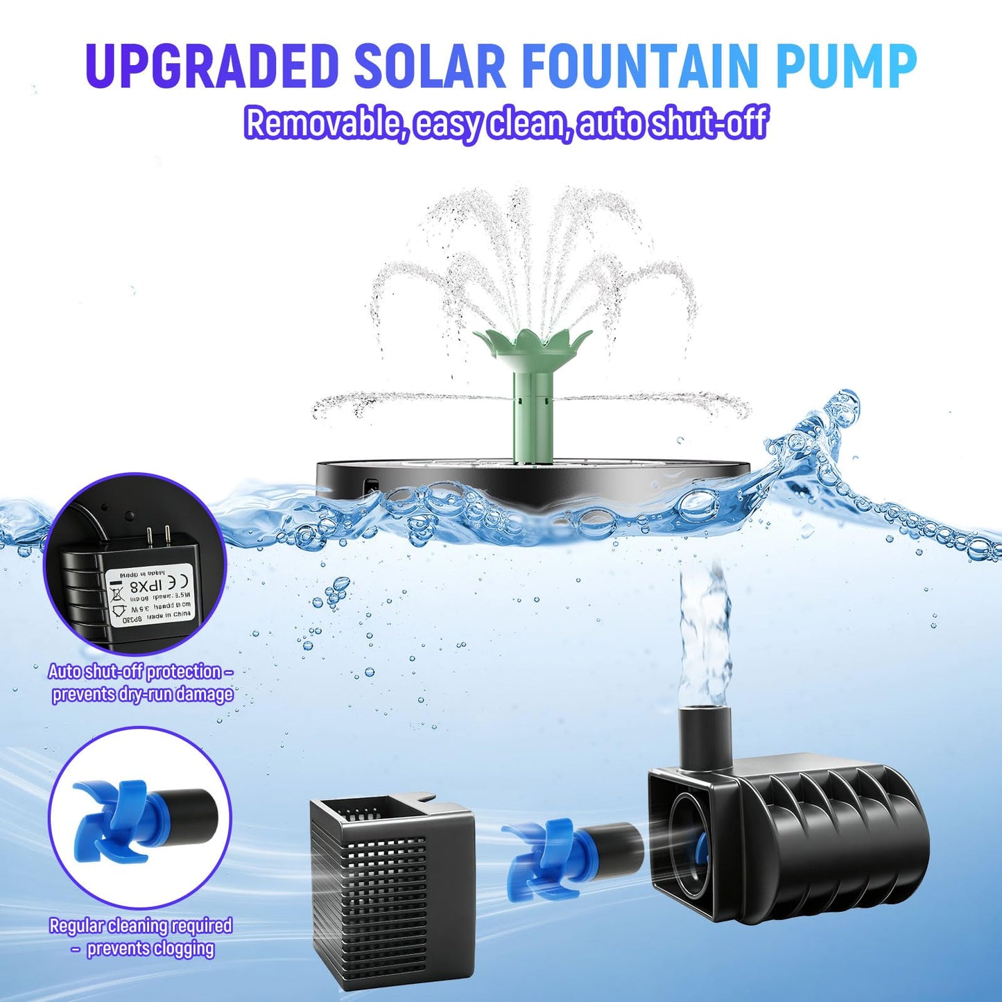 Marchul 3.5W Solar Fountain for Bird Bath Colorful Light with 2200mah Battery, 2026 Upgrade 4-in-1 Nozzles Solar Water Fountain Powered with 4X Fixer Floating Solar Pump for Garden, Pond, Pool