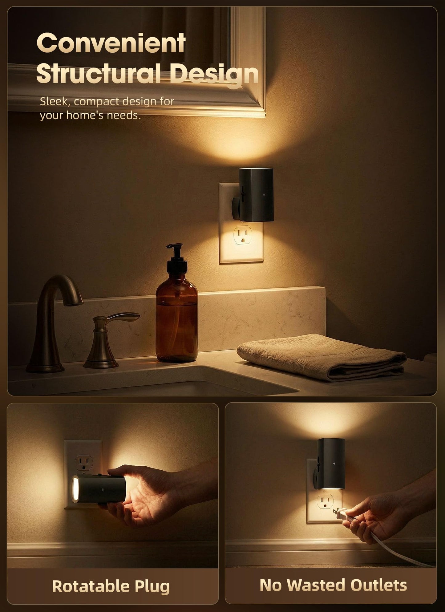 Brightown 2 Pack Night Lights Plug Into Wall, Modern Night Light with Rotating Plug, Dusk to Dawn Sensor, 0-100LM Stepless Dimming Nightlights, Home Decor for Hallway Bedroom Bathroom, Soft White