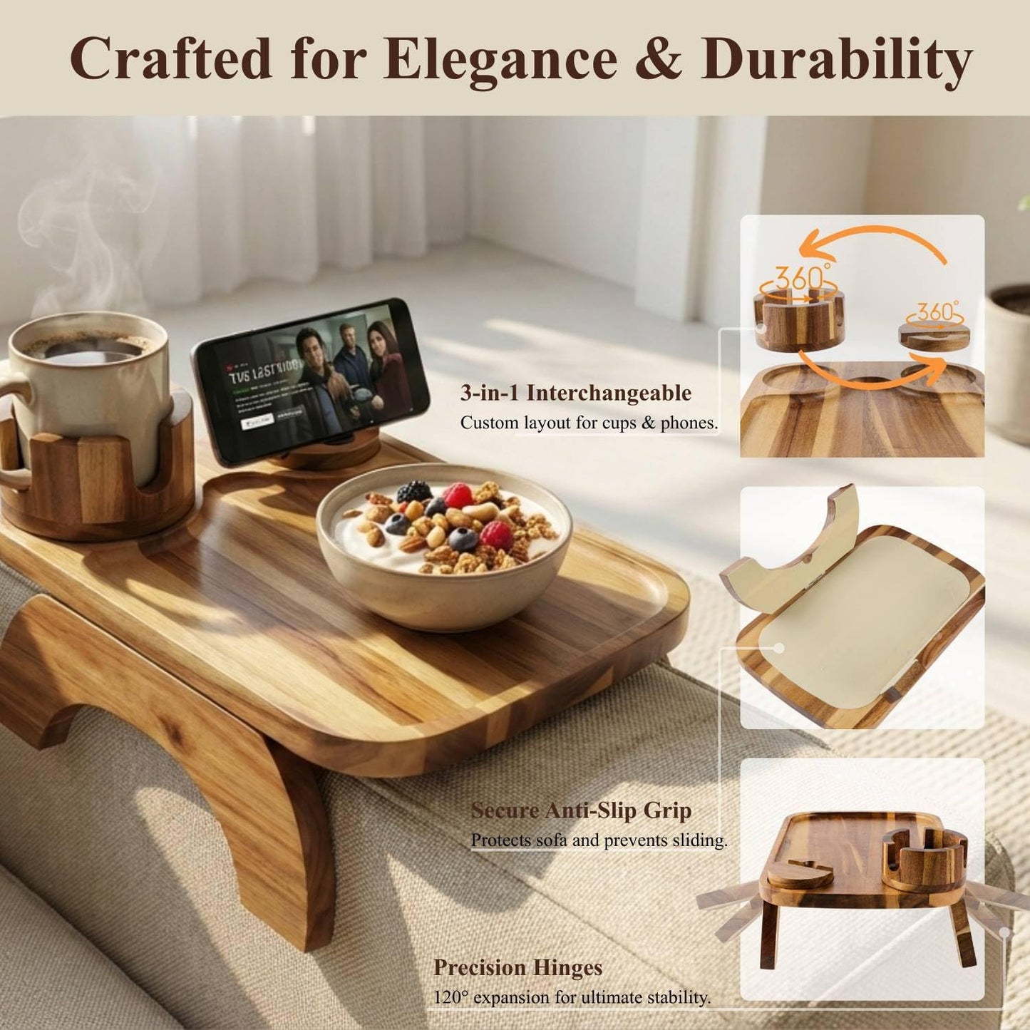 Vellabliss Couch Armrest Table, Acacia Wood Sofa Arm Tray with 360° Rotating Phone & Cup Holder, Clip-On Arm Rest Table for Couch, Anti-Slip Armrest Tray for Snacks & Drinks, 15.4" x 9.8"