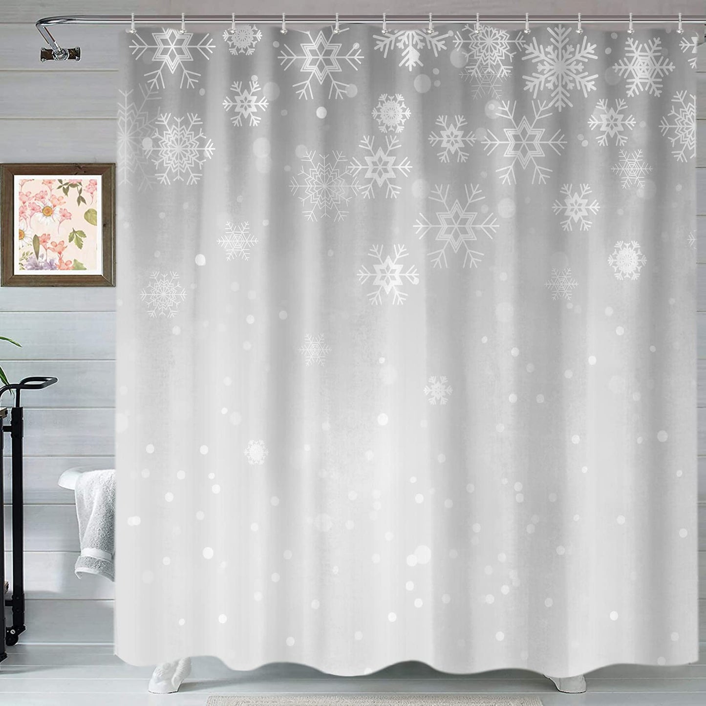 Sanzugh Grey Christmas Shower Curtain, Winter White Gray Silver Snowflake Fabric Shower Curtains Set for Bathroom Sparkly Xmas Snow Decoration with Hooks 72 X 72 inch Bath Decor