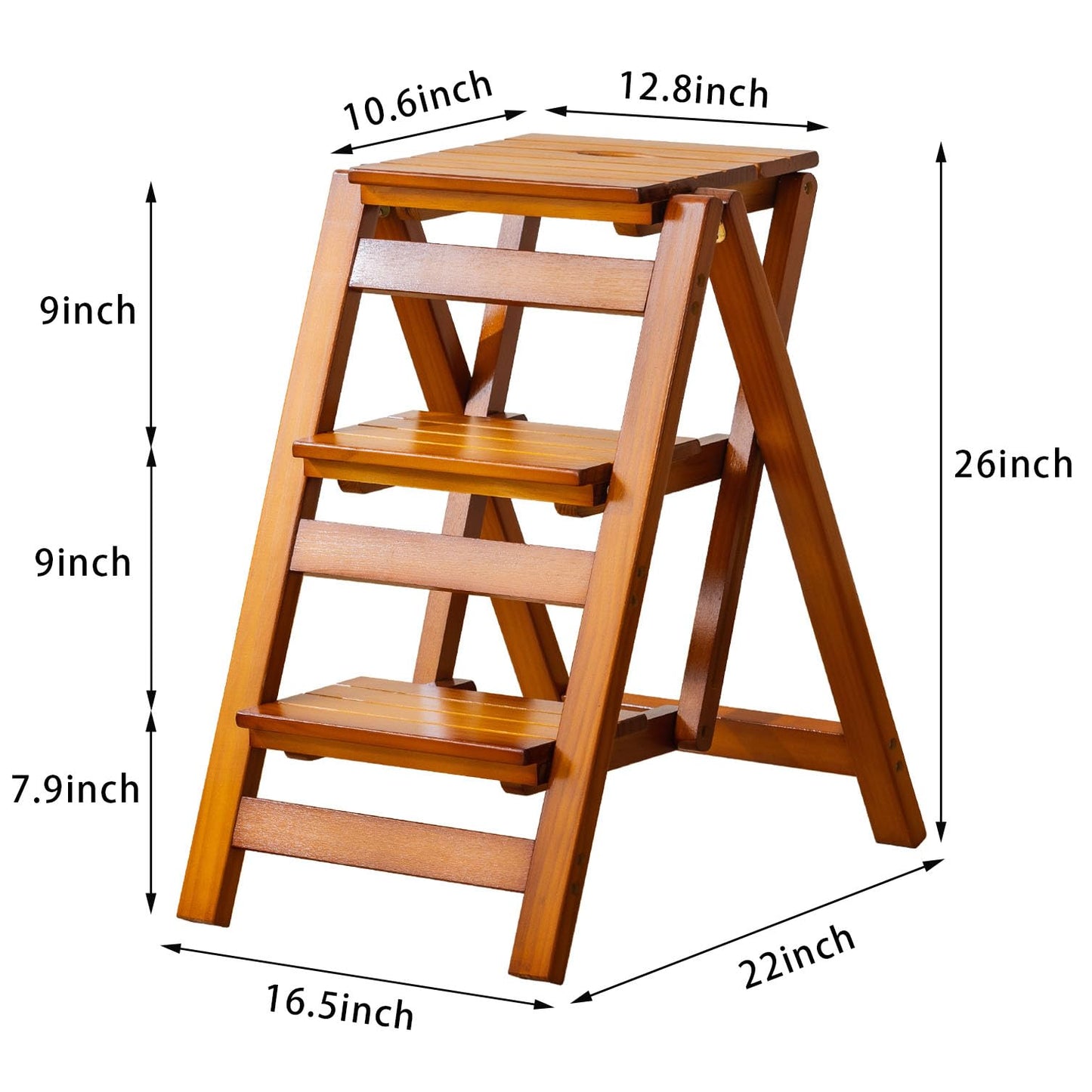 SOBIBO Wooden Step Stool, Foldable 3 Step Ladder, Solid Wood Ladder Stool for for Home, Kitchen & Garden Walnut