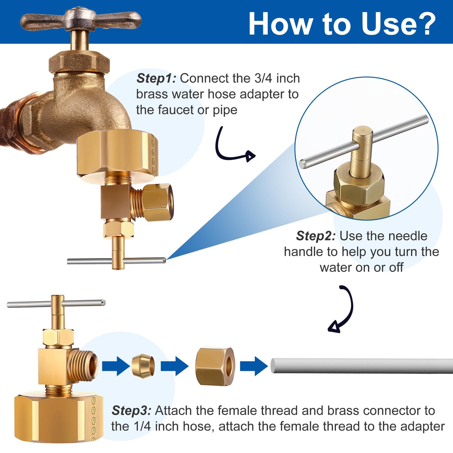 Enhon 3/4 Female Garden Hose Thread by 1/4 Compression Needle Valve Brass Adapter, Brass Adapter with Washer and PTFE Thread Seal Tape, Water Hose Tool for Swamp Cooler Ice Maker