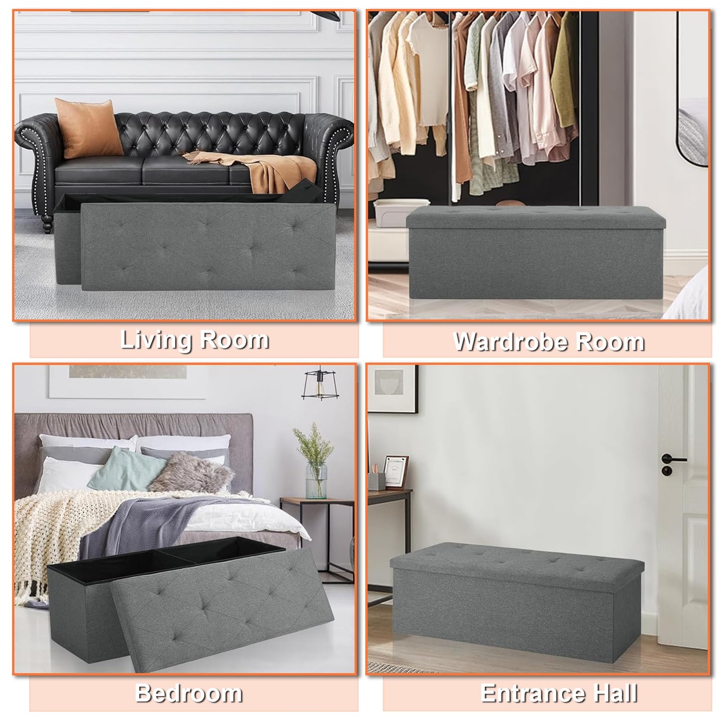 ZEUKMXOO 30 inch Storage Ottoman Bench, 30 inch Folding Storage Bench Ottoman, for Bedroom, Living Room, and Utility Room, Grey (30'' W)