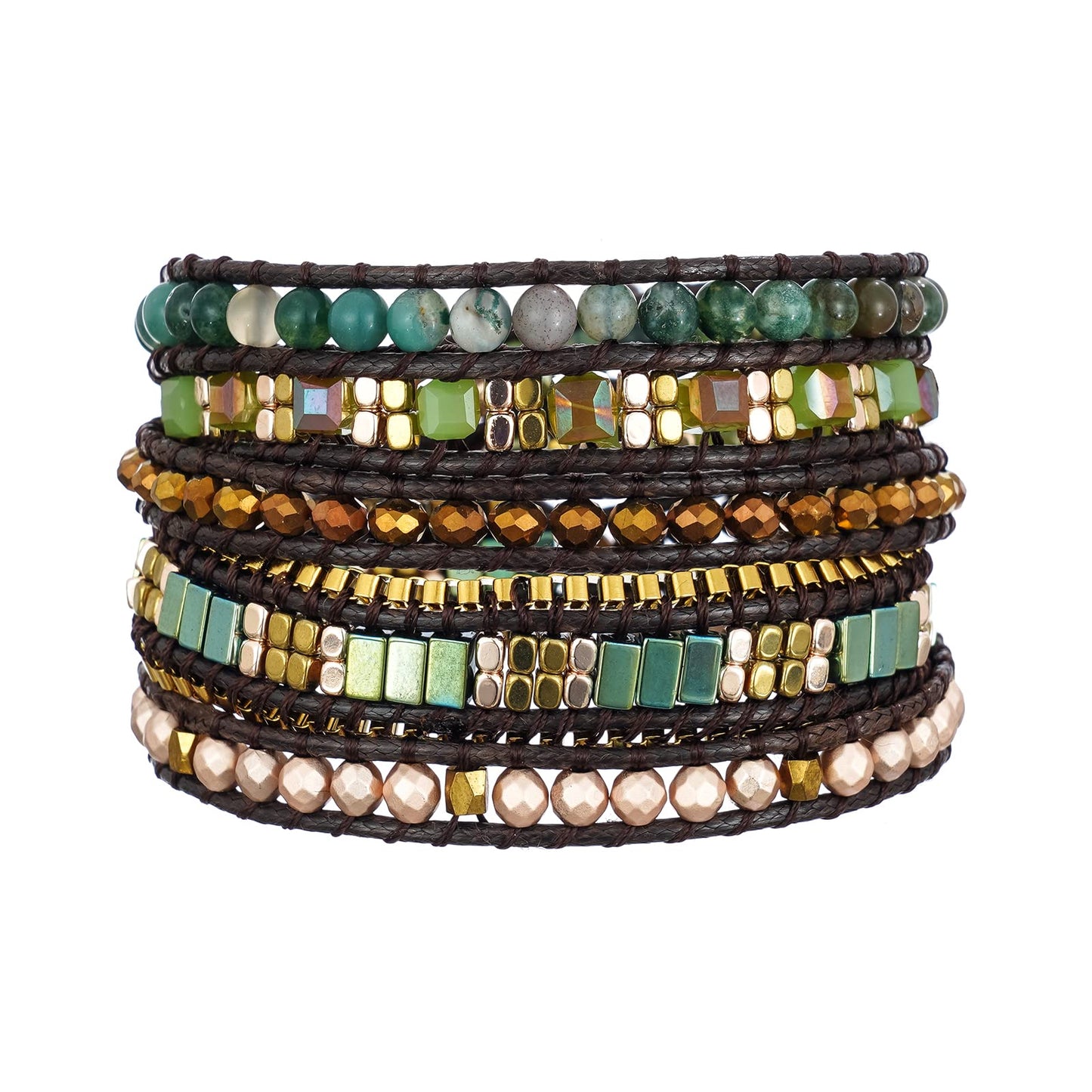 Plumiss Boho Handmade Green Stylish Natural Stone Crystal Hematite Stainless Steel Chain Mixed 5 Wrap Bracelet for Women Men