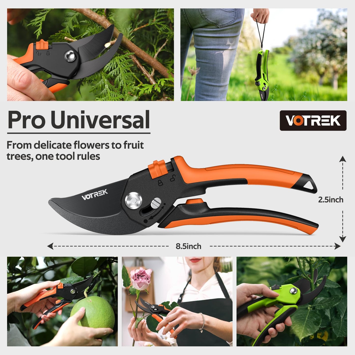 VOTREK® Pruning Shears, [Patented Stepless Handle Opening] - Garden Clippers with Ultra-Sharp SK5 Steel for Weak Hand, Bonsai Scissor Universal Fit for All Hand Sizes, Effortlessly Cut 1-Inch Branches