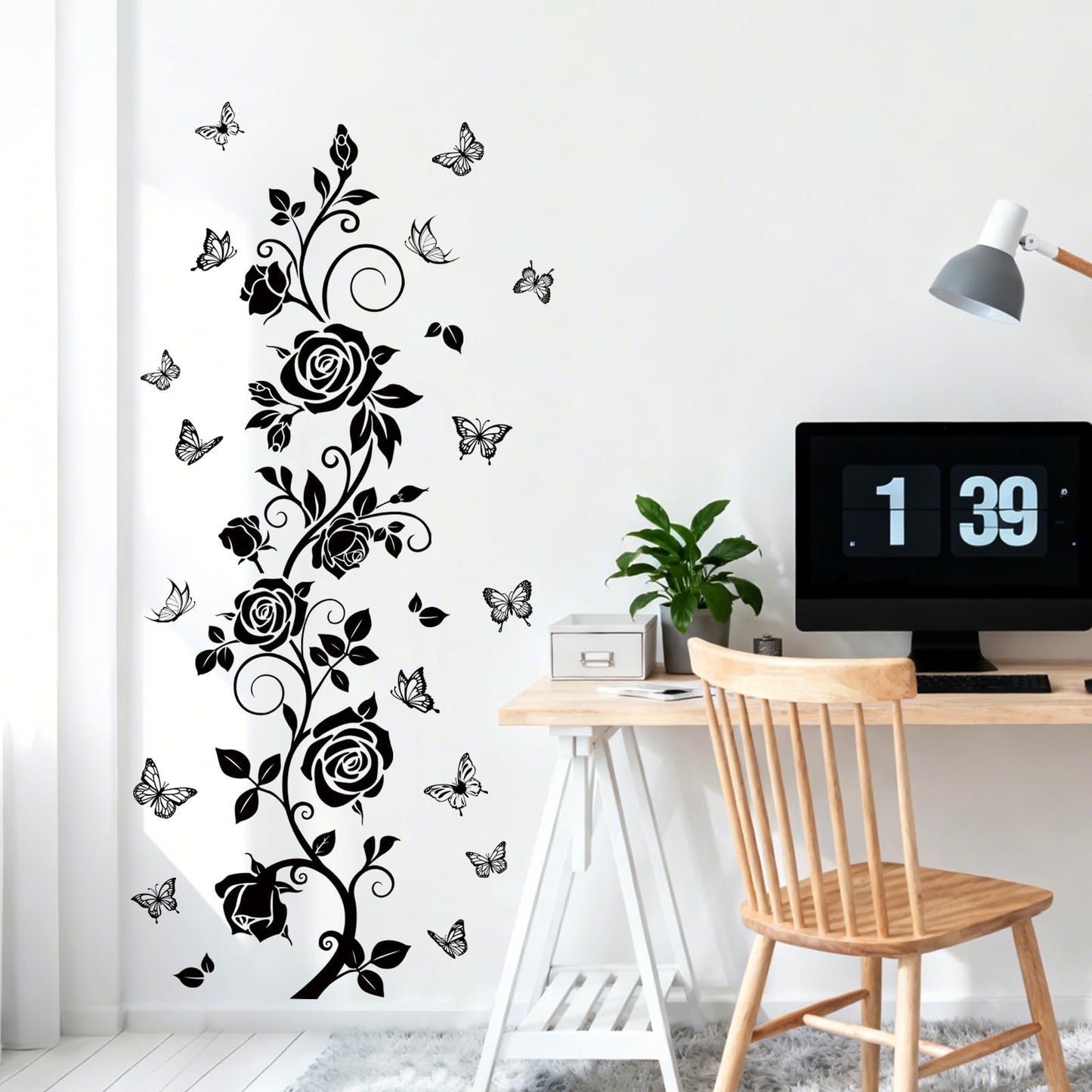 FUFUQUARE Flower Vine Decals Flying Butterfly Black Floral Wall Stickers Removable Wall Art Decor for Living Room Bedroom
