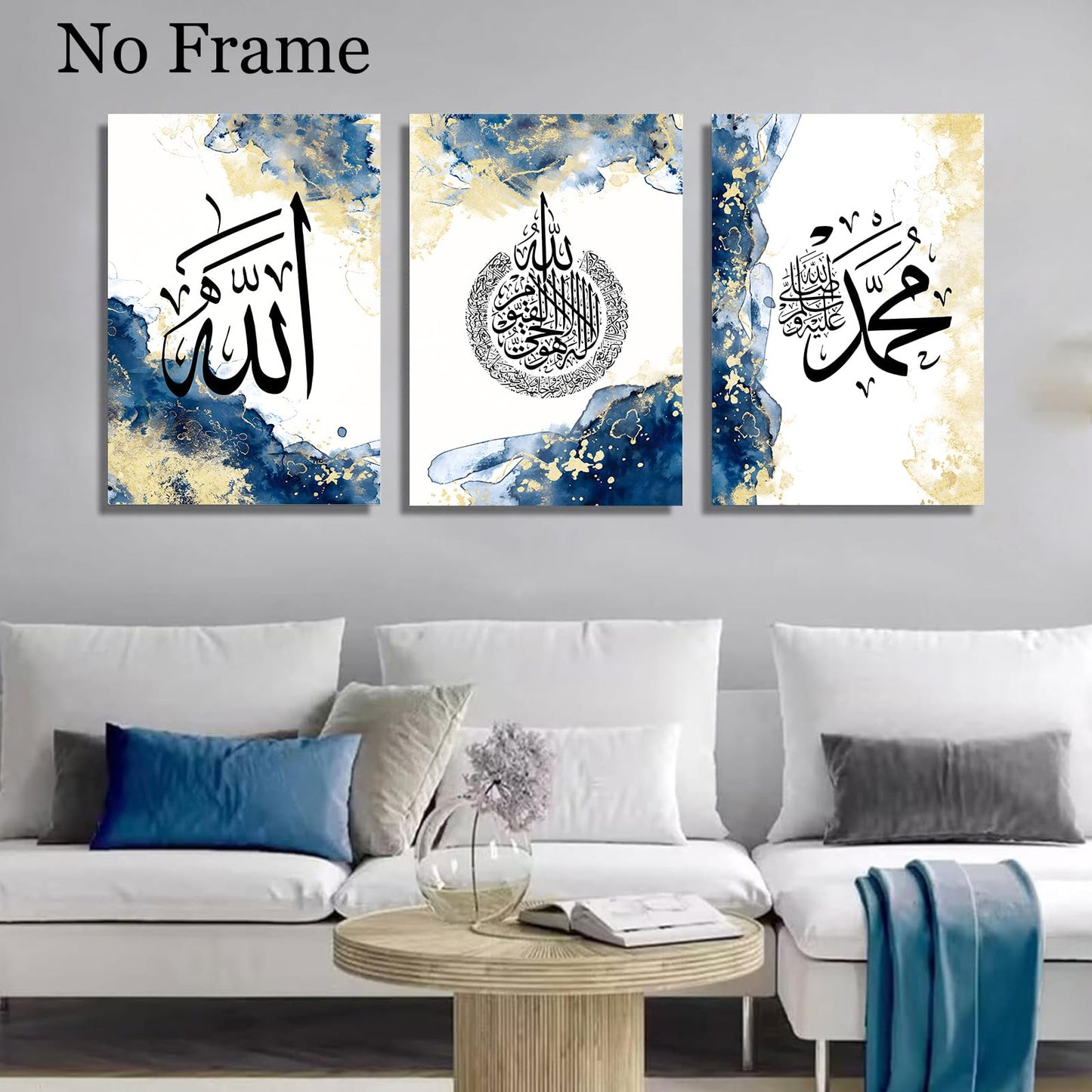 Blue Islamic Canvas Wall Art Muslim Motivational Quotes Gold Abstract Painting Modern Art Poster White Abstract 16x24inx3 No Frame